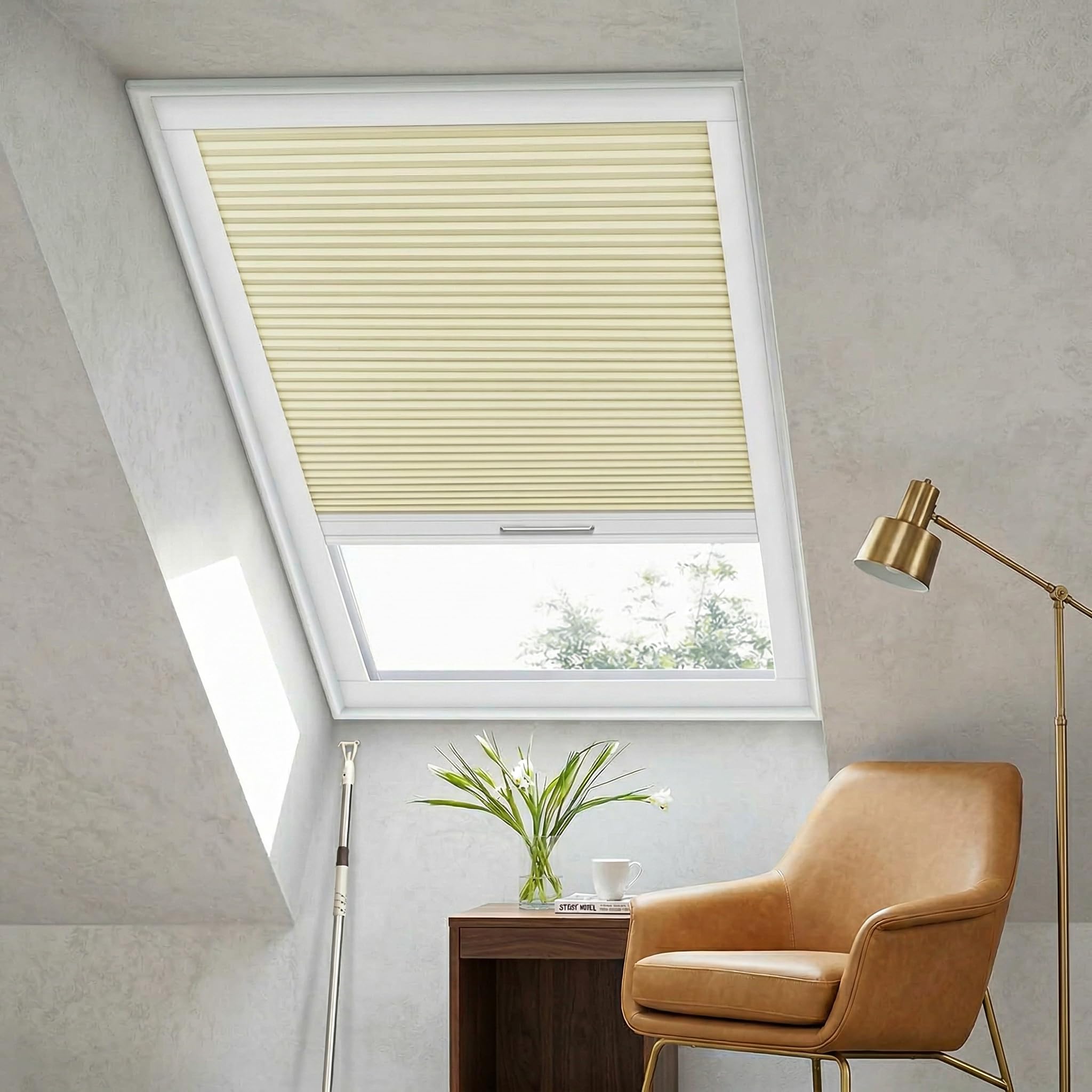 Skylight Blinds Cordless Roof Honeycomb Window Blinds Light Filtering Cellular Pleated Roof Shades for Home Easy to Install Shades for Inclined Plane Room Windows Custom Size (Blackout Beige)