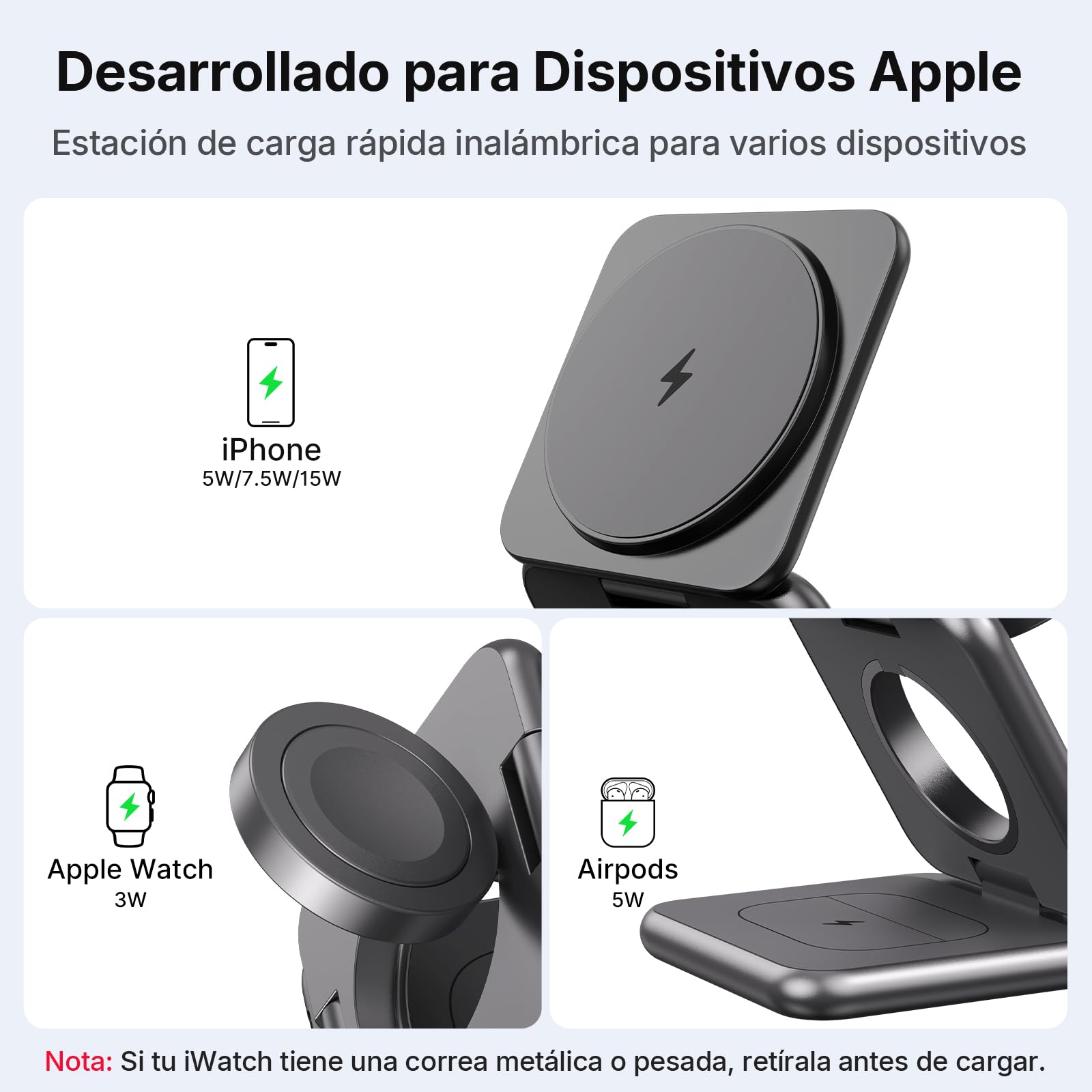 Cargador Inalambrico, Plegable 3 en 1 Base Cargador para iPhone y Apple Watch, Compatible con iPhone 17/16/15/14/13/12 Series, Apple Watch 10/9/8/7/6/SE/5/4, para AirPods 2/3/4/Pro