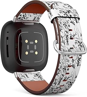 CJBROES Replacement Leather Watch Band, Compatible with Fitbit Versa 3 and Fitbit Sense of Wristband Bracelet Accessory - Imprints Black White Simple Flowers