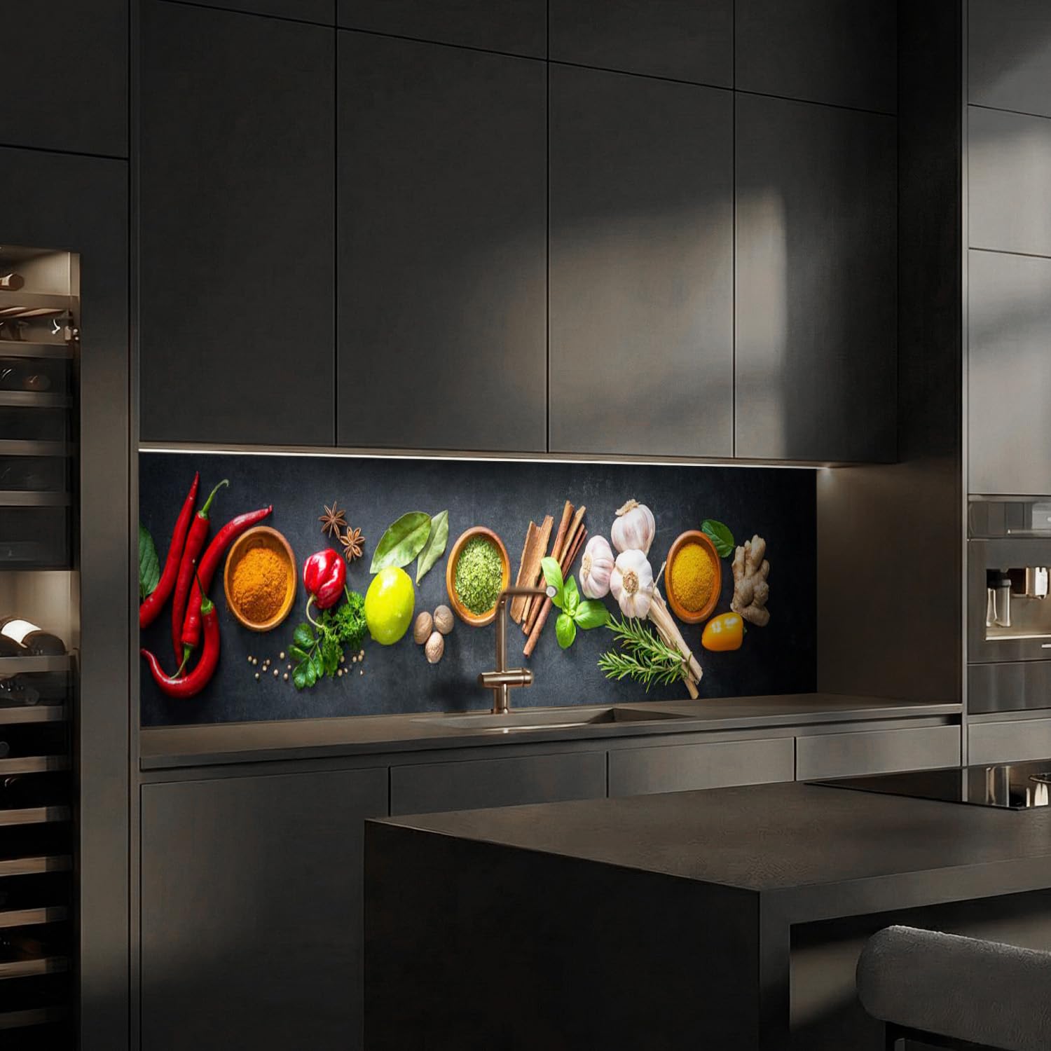 Dedeco Küchenrückwand 220x60 cm, Gewürze V2, 3mm Acrylglas – Spritzschutz Küche, Spüle & Herd, wasserfest, Glasoptik, Küchenfront, Wandverkleidung, Fliesenersatz, Fliesenspiegel