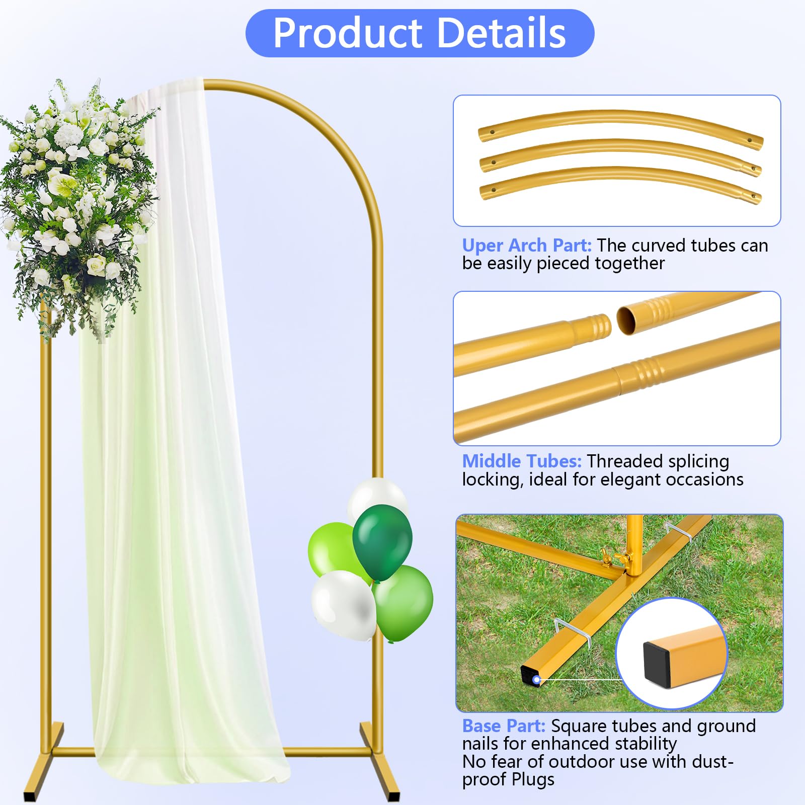 Supporto per sfondo ad arco da 1,8 m a 2,2 m, cornice per arco nuziale, supporto stabile in metallo con base quadrata per terra, per feste di compleanno, baby shower, ghirlande, oro (supporto