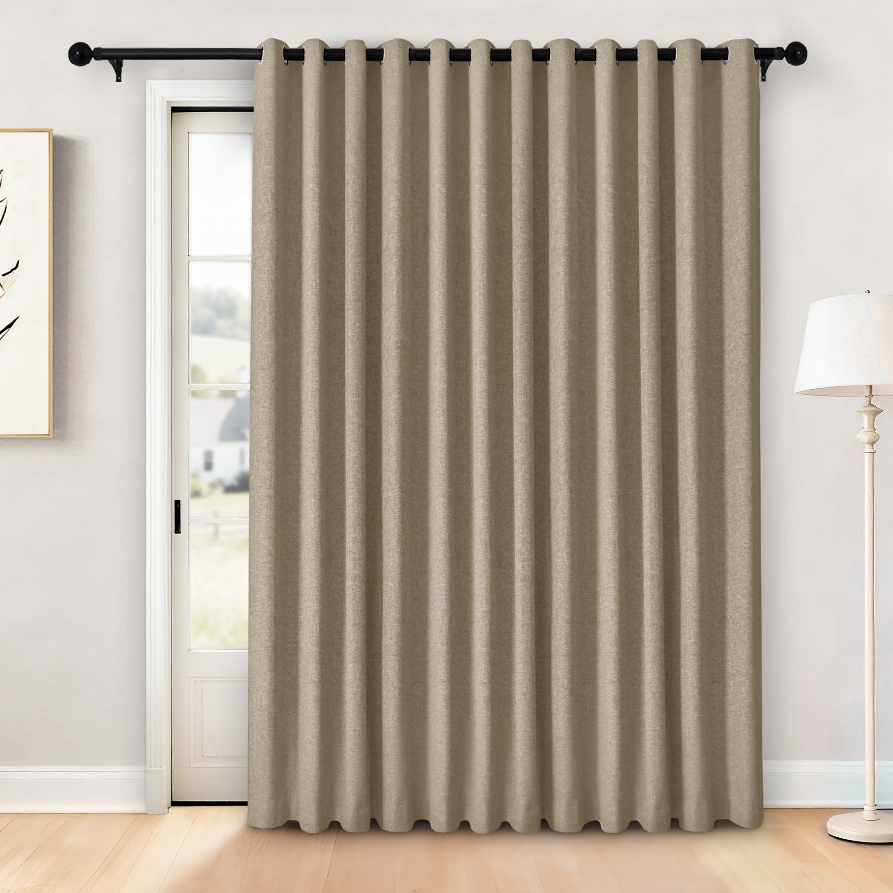 Frelement Extra Wide Grommet Curtains 100W x 84L Inches Soft Linen 100% Blackout Curtain for Sliding Door French Door Thermal Drapes for Bedroom Living Room Privacy Curtain 1 Panel Light Brown
