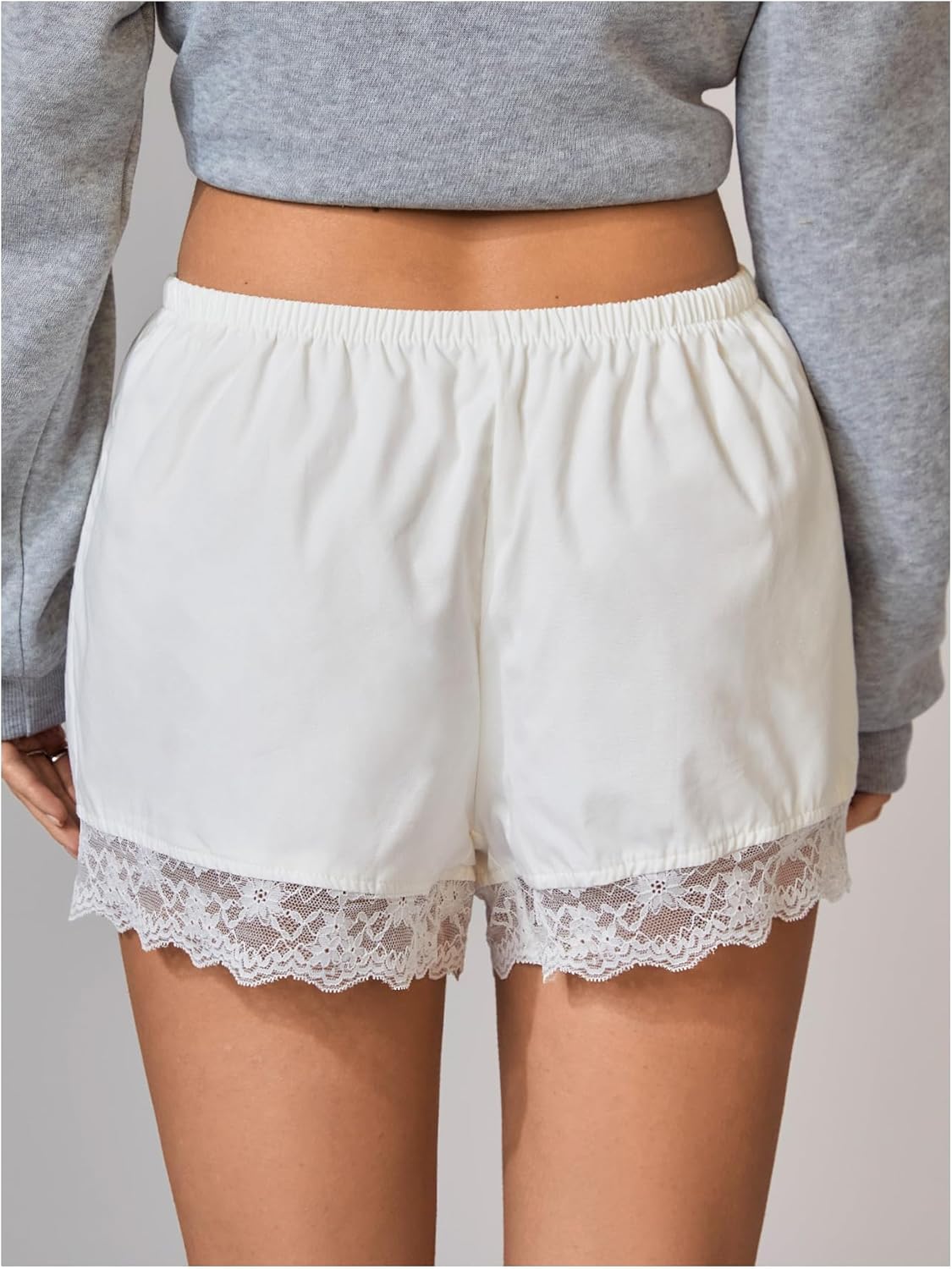 MakeMeChic Women's Lace Trim Mini Shorts Elastic Waist Low Rise Straight Leg Lounge Shorts - Image 2