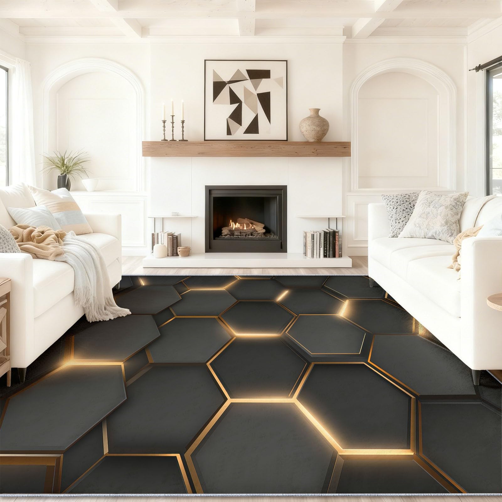 Tapis lavable 90x150 cm géométrie hexagone or luxe pour décoration salon