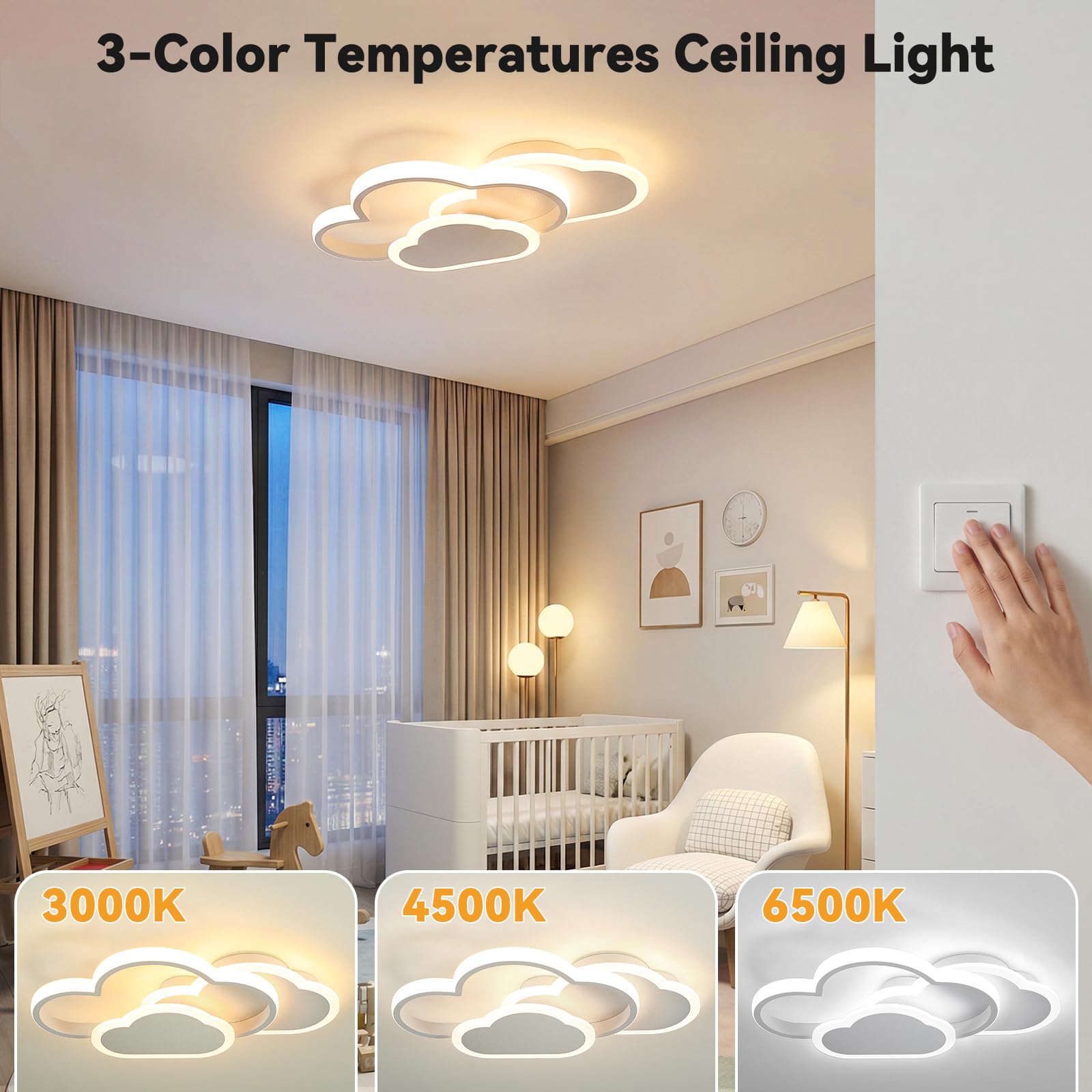 Plafoniera LED Soffitto Bambini 21W, 3000K/4500K/6500K Lampada 2100lm CRI≥80, Lampadario per Soggiorno, Camera da Letto, Ufficio, Cucina e Corridoio con Funzione Memoria Bianco