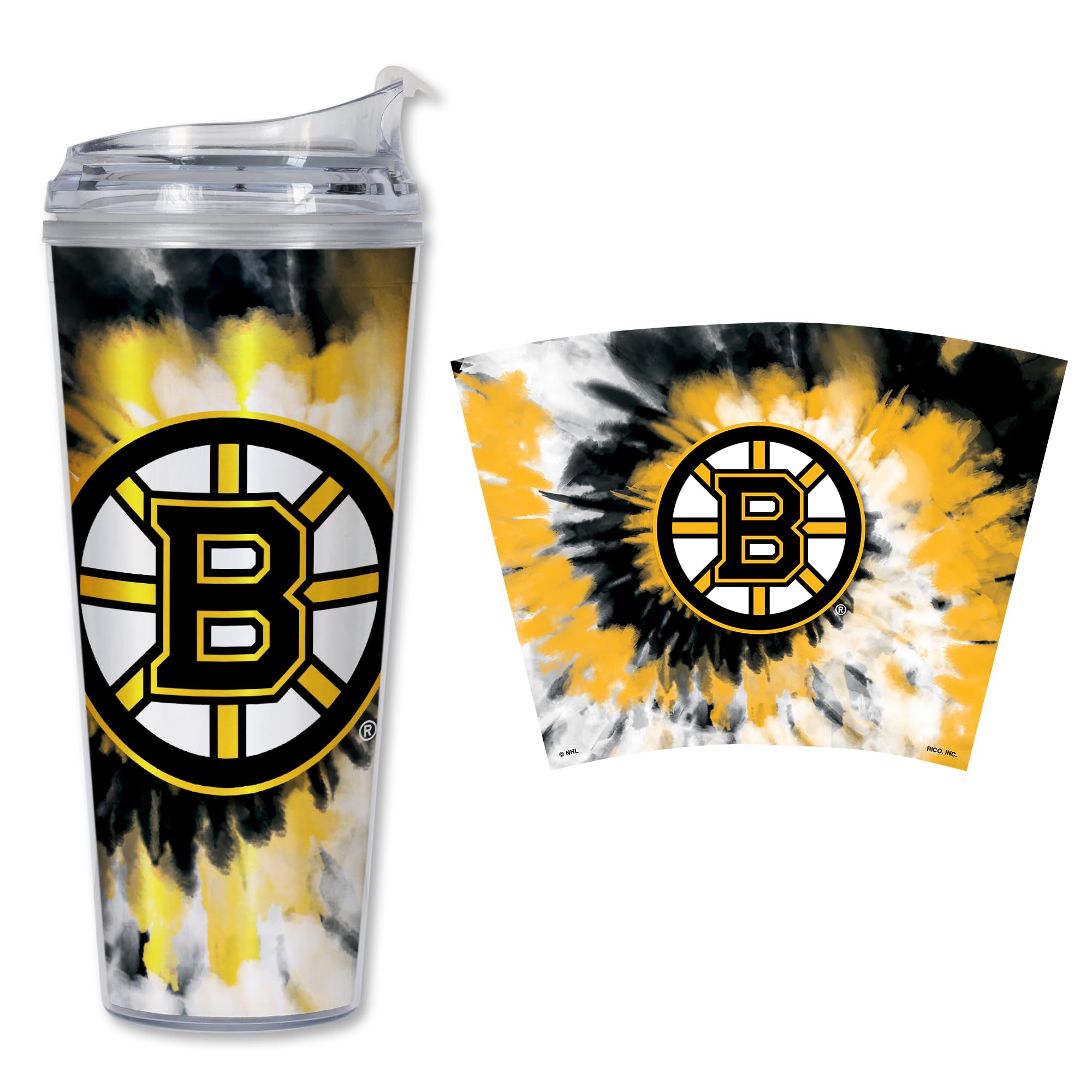 Rico Industries NHL Hockey Team Color Tie Dye 24oz Metallic Acrylic Tumbler with Hinged Lid, Officially Licensed Double Wall Tumbler with Straw