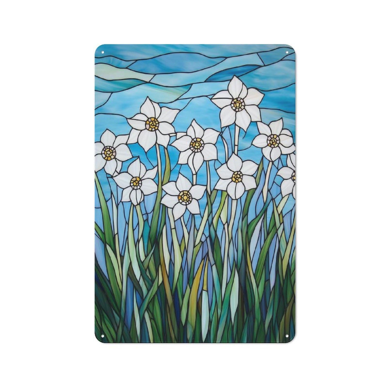 Tin Wall Plaque 30x20cm with Stained Glass Daffodils for Café Or Restaurant, Housewarming Present for People Styling Café And Restaurant