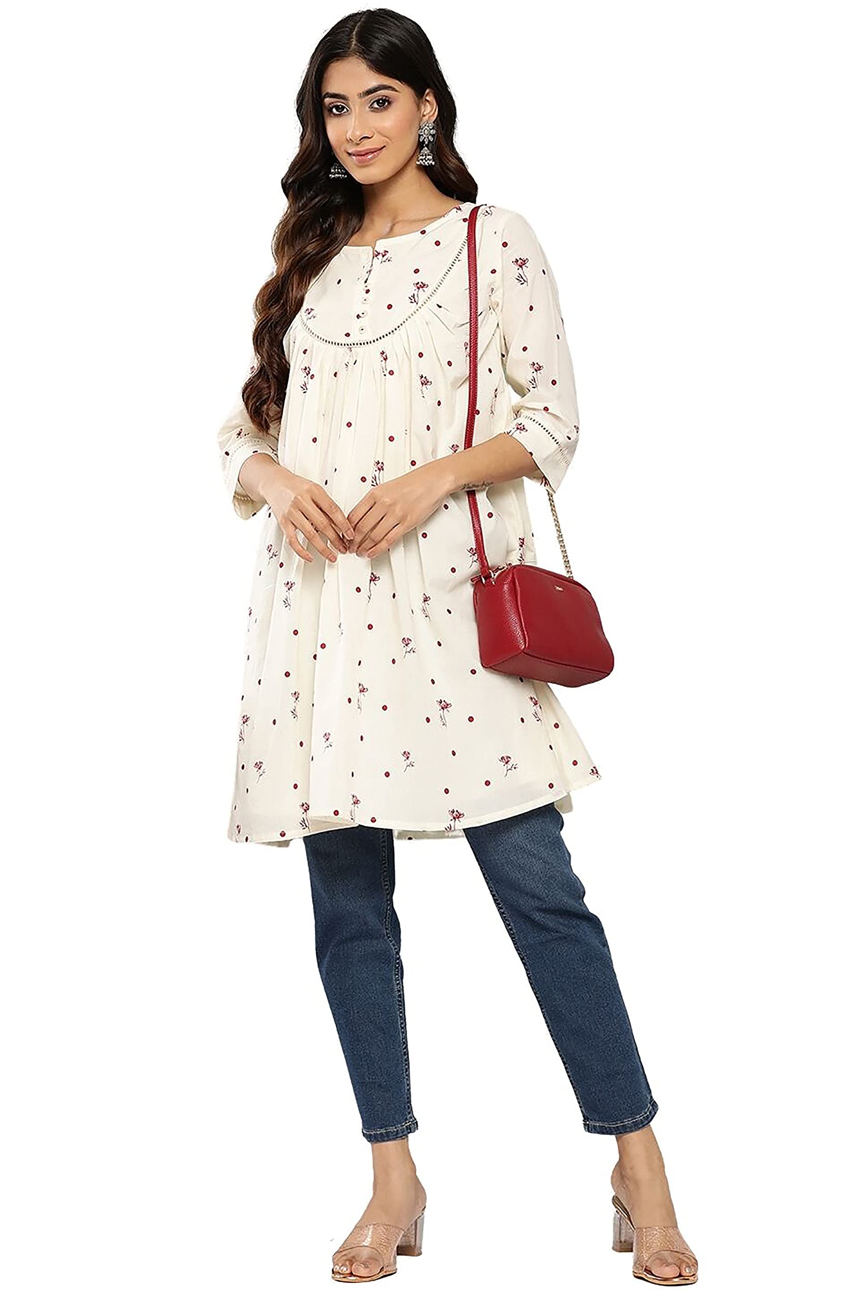 JanasyaIndian Women's Off White Cambric Cotton Botanical Print Flared Tunic For Women