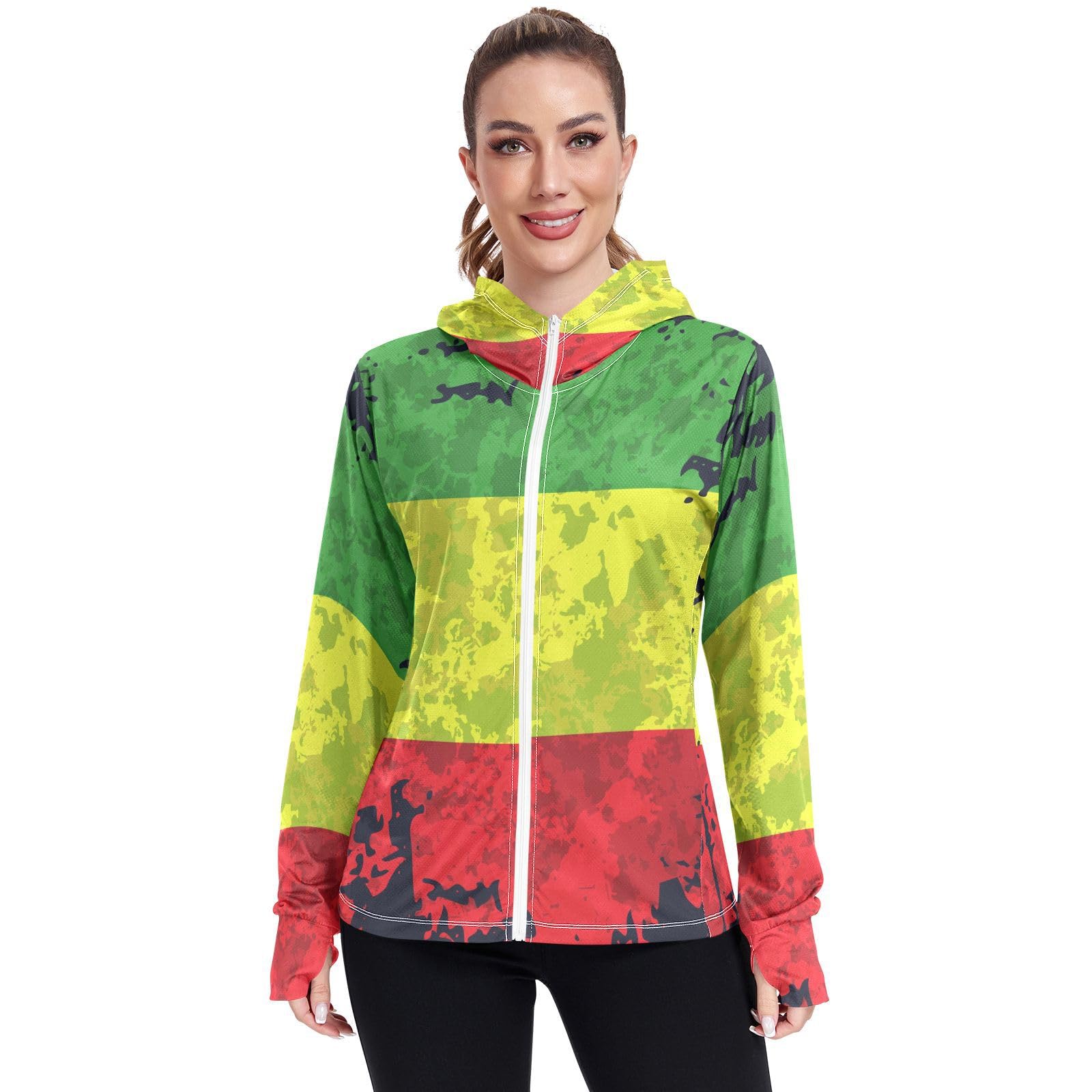 Reggae Rasta Flag Women's UPF 50+ Sun Protection UV Jacket - Zip Up Hoodie Long Sleeve Hiking Fishing SPF Performance Shirt with Pockets Thumbhole