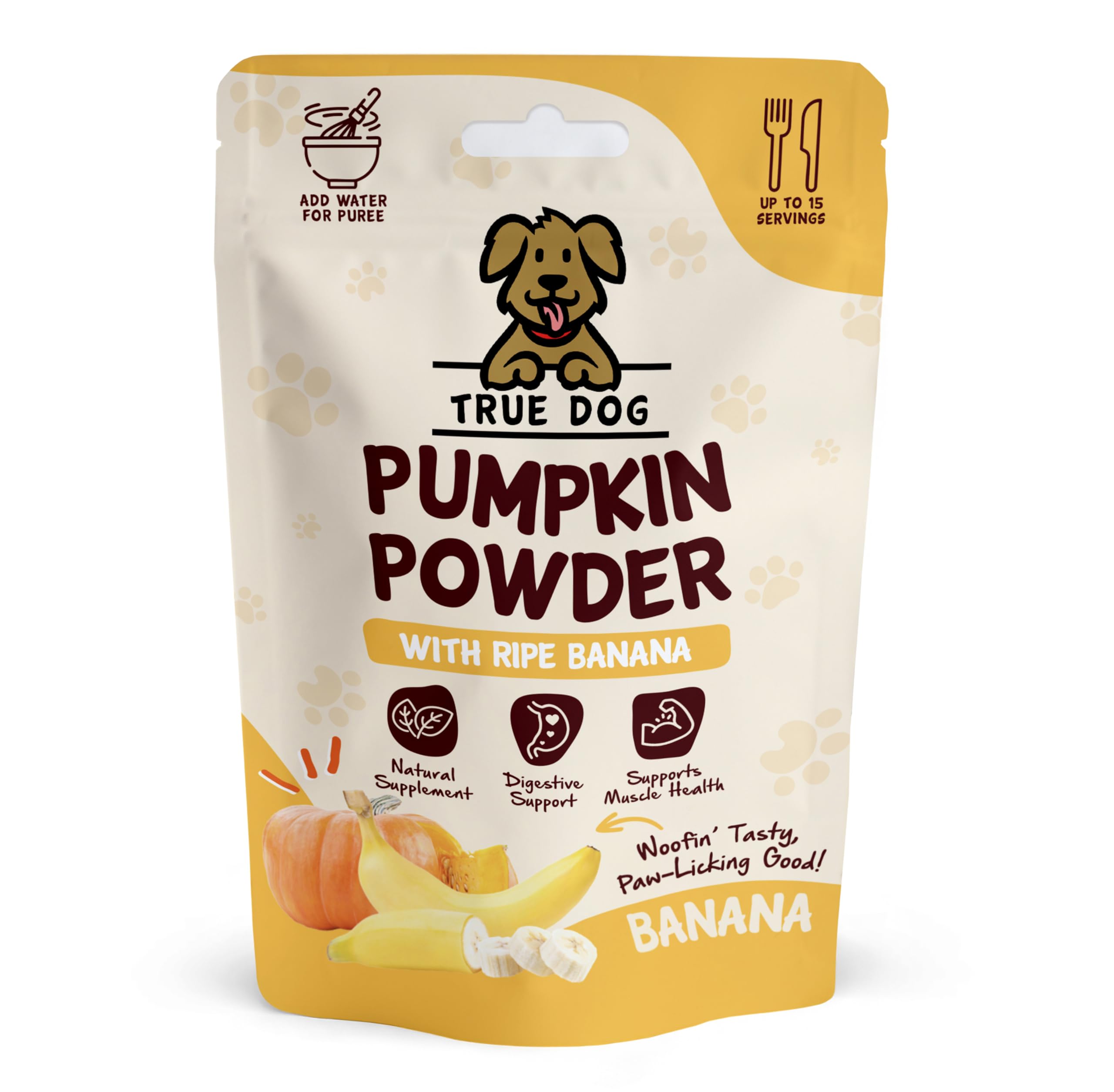 True Dog Pumpkin Powder with Ripe Banana 100g | Natural Pumpkin Puree Powder for Dogs, Digestive Supplement, Stool Firming, High Fibre Dog Food Topper, Manufactured in the UK