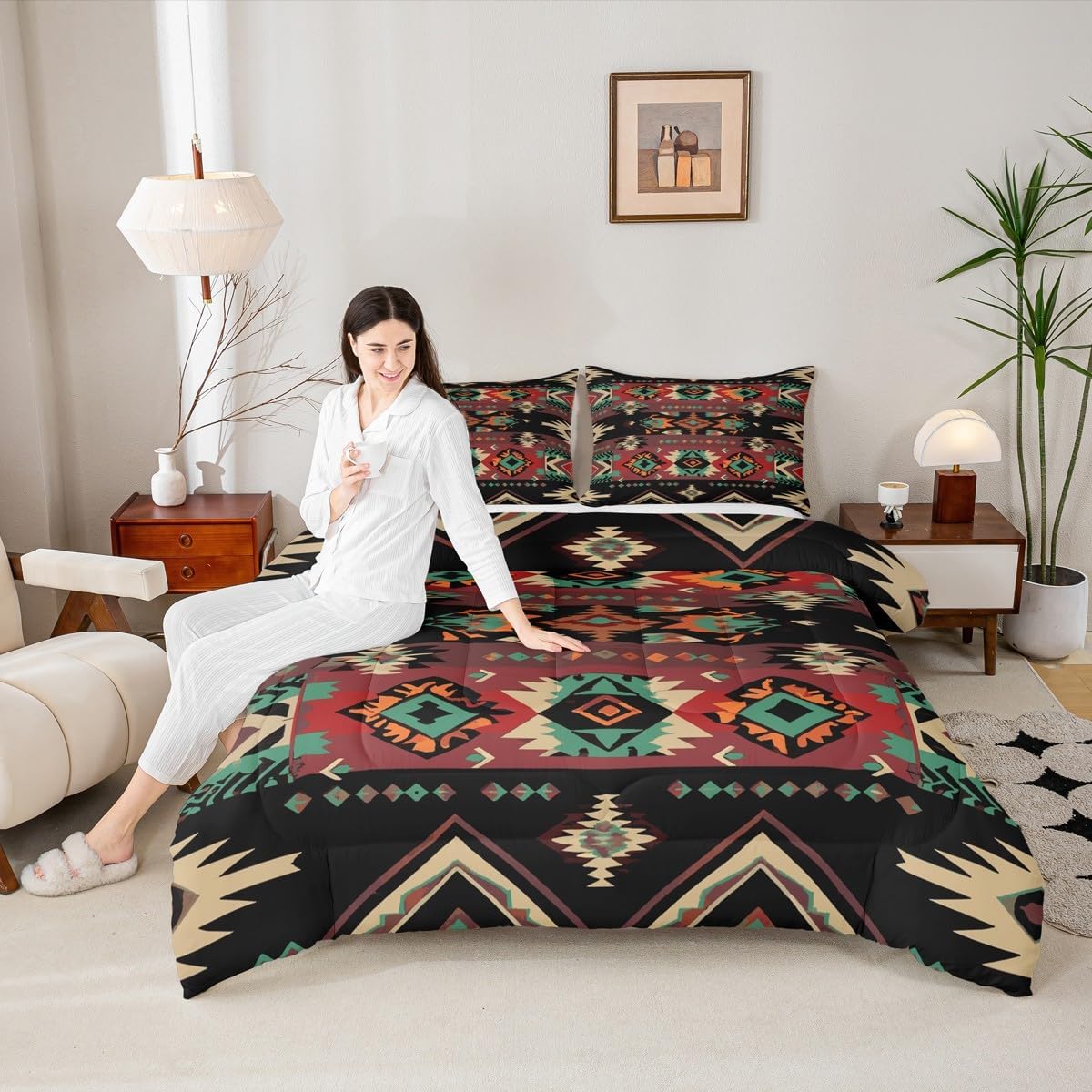 Feelyou Boho Bedding Set Twin Size Kids Southwestern Native Aztec Comforter Cover for Boys Girls Teens Southwest Native American Design Duvet Cover Black Wine Breathable Soft Lightweight Microfiber