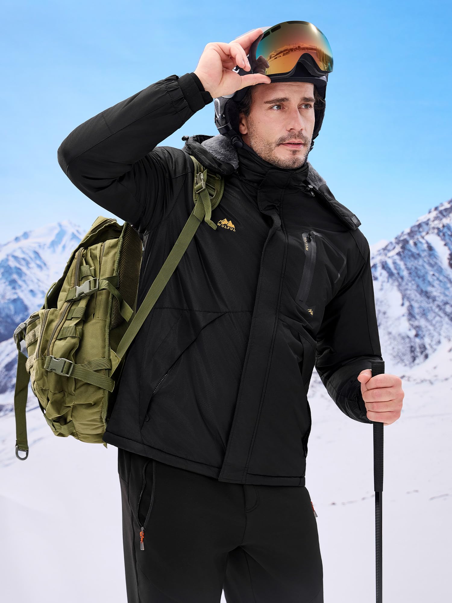 WULFUL Men's Ski Jackets Warm Winter Snow Windbreaker Resistant Snowboard Fleece Coat Mountain Waterproof Parka with Hood