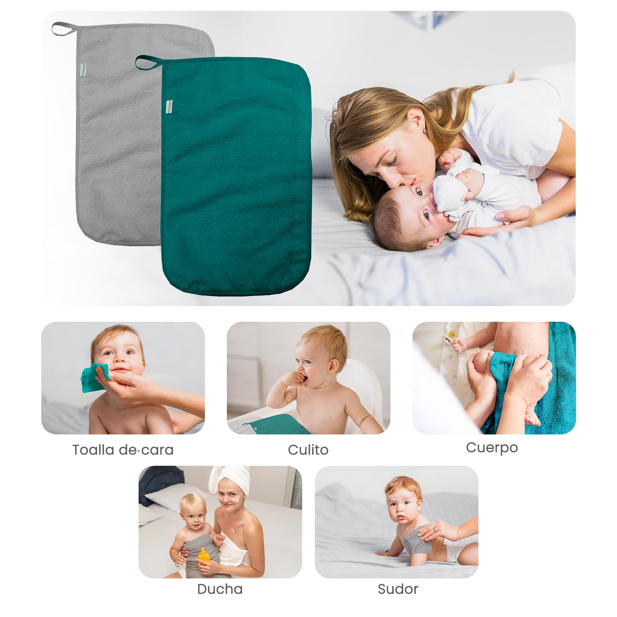 MIMUSELINA Pack 2X Mini Toallas Bebé | Toallas Guarderia con Colgador | Toalla Pequeña Infantil | Rizo algodón Absorbente gramaje 450 gr. 4,5cm | Turquesa/Gris