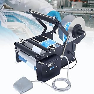 Adjustable Semi-Automatic Bottle Labeling Machine for Cylinder Containers, Electric Label Maker Applicator for Glass, Plastic, Metal Bottles, 20-40pcs/min