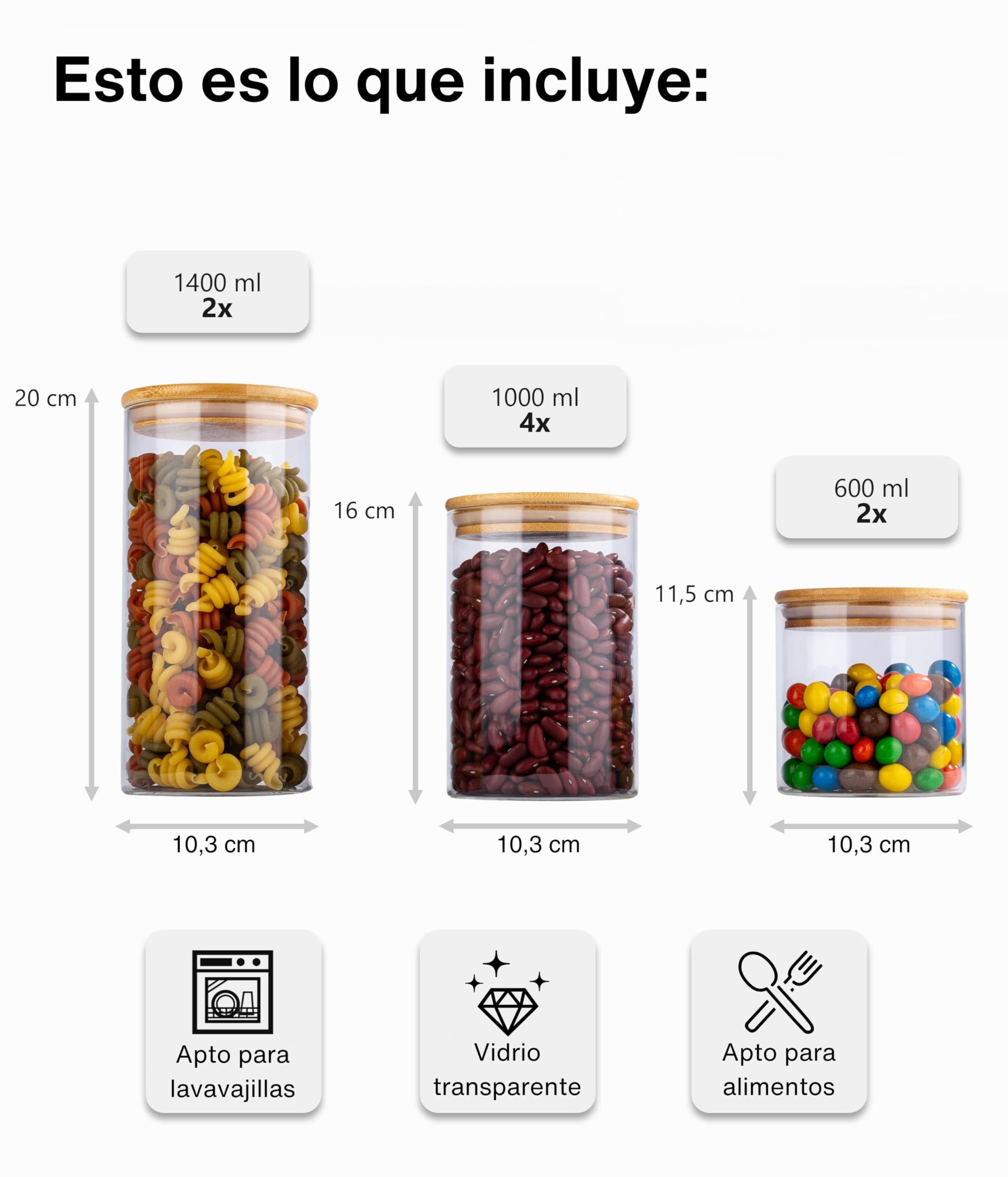 Deco haus® Tarros de Cristal con Tapa hermética, Juego de 8 [+ Etiquetas], Botes Cocina Almacenaje, Tarros Cristal con Tapa de Madera, Frascos de vidrio Apto para Harina, Café, Pasta | Tarros de cristal con tapa para cereales, cereales, harina y demás