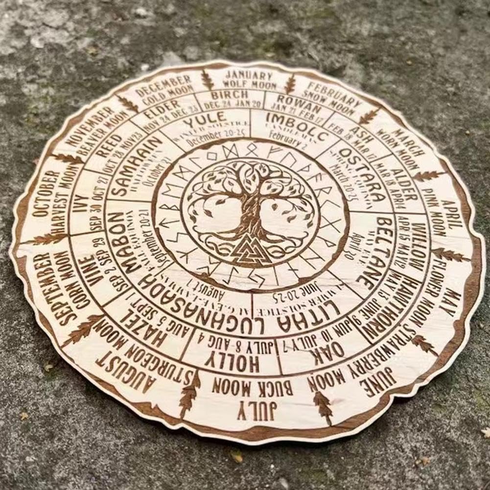 Wheel Of The Year Wood Sign,Tree of Life, Tree Calendar Tree of Life Wheel of The Year,9.8" Wood Engraved Board Wiccan Holiday Tabletop Ornament Decor,Vintage Handmade Christmas Sign Xmas Decor (log)