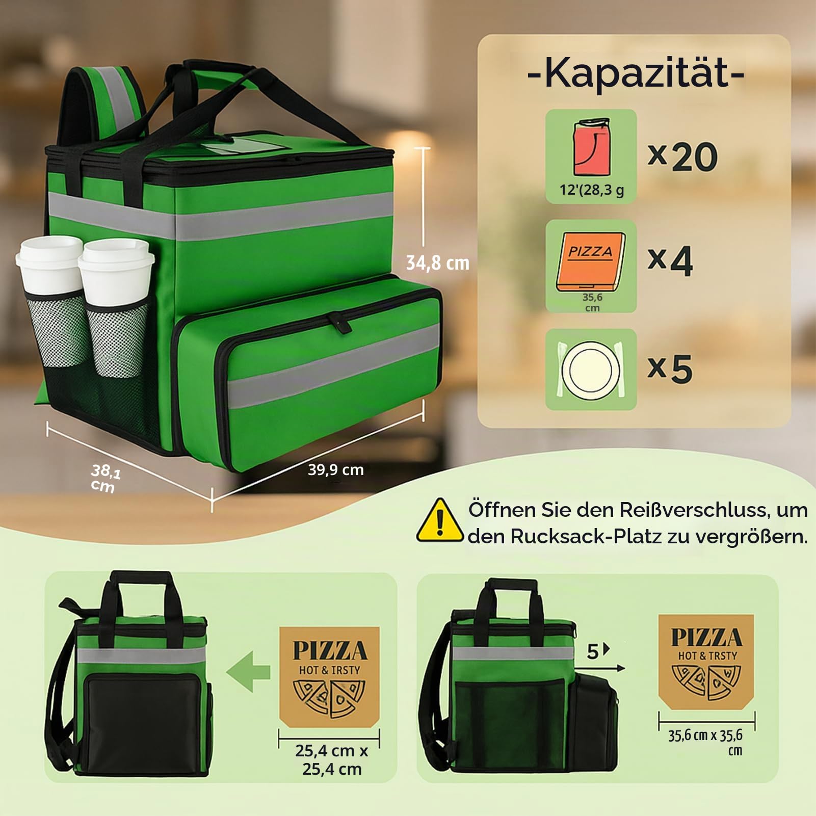 Großer isolierter Rucksack für Doordash/Uber Eeats, erweiterbare Kühltaschen für Fahrrad/Motorrad mit reflektierenden Streifen/Getränkehaltern, wiederverwendbare Pizza-Lebensmittel-Liefertasche mit