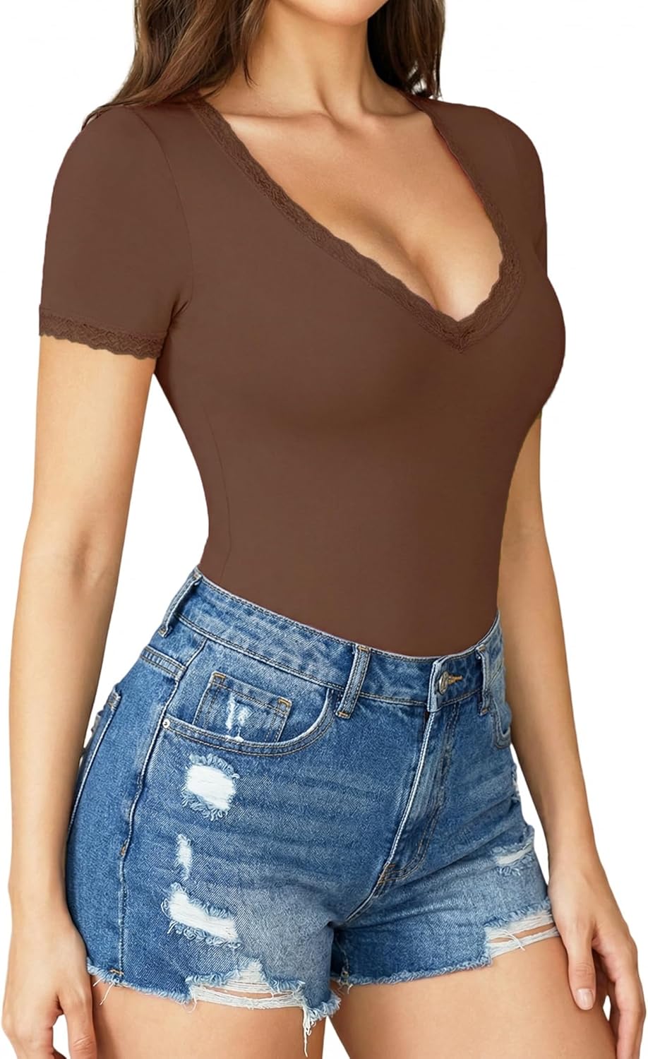 Avidlove Short Sleeve Bodysuit for Women Lace V Neck Body Suits Double Lined Bodysuits Sexy Going Out Top - Image 2