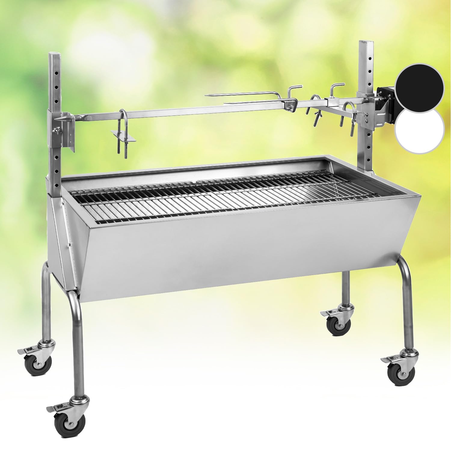 OneConcept Grill rożnowy 2w1 z silnikiem, Grill z obrotowym rożnem, Duży rożnowy do kurczaka i prosiaka, z silnikiem, z rusztem ze stali, Duży węglowy na kółkach