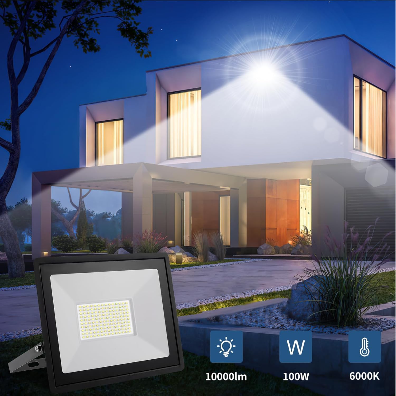 Reflektor LED 100 W, światła bezpieczeństwa IP66, super jasne światła światło LED 10000 lm, biały kinkiet światła dziennego 6500 K do ogrodu, patio, podwórka, podwórka, garażu(150W)