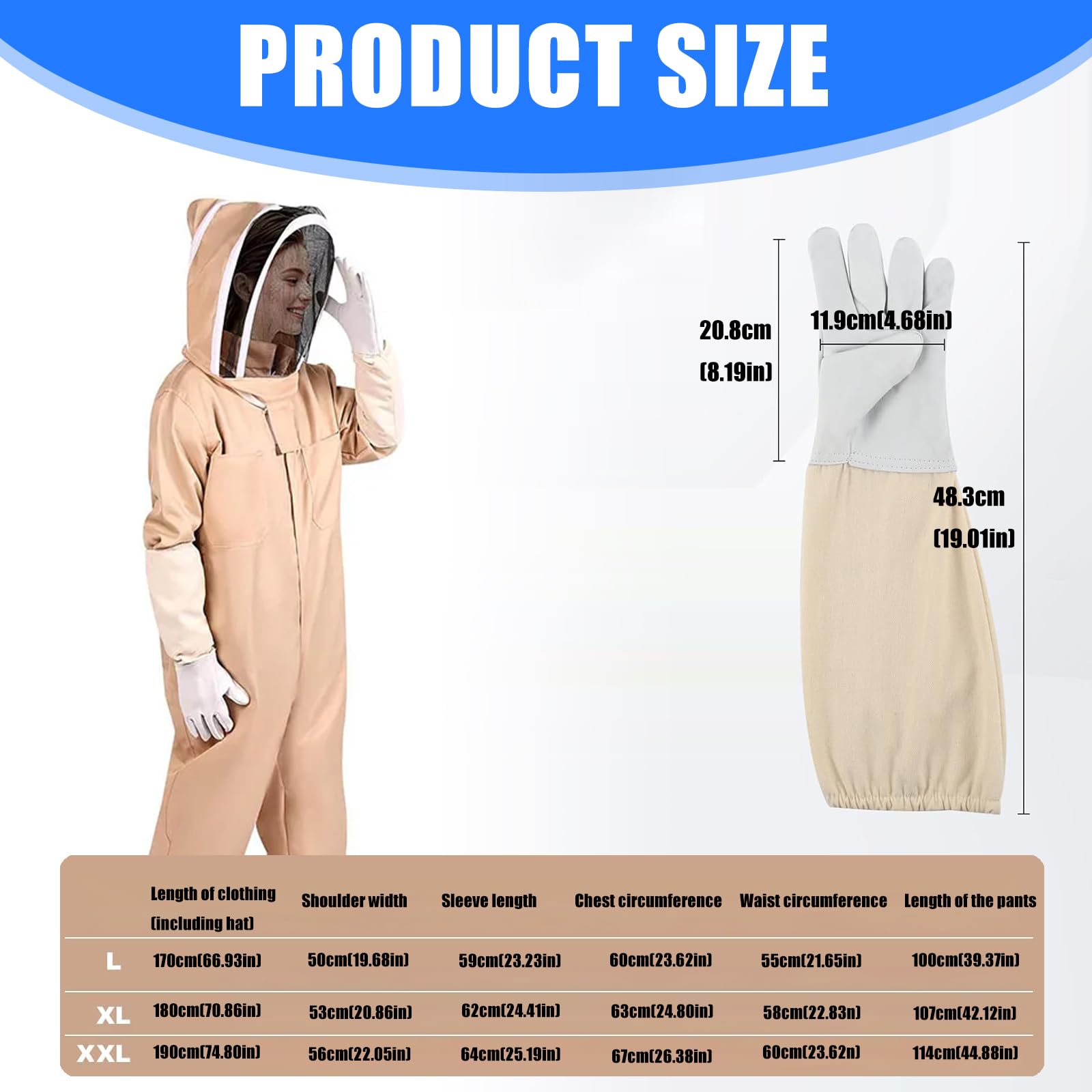 Tuta da Apicoltore Protezione per Tutto Corpo Guanti ventilati in Misto Cotone Attrezzatura per Velo Staccabile per la Raccolta Attrezzatura per Apicoltore per Tutto Corpo Guanti in Pelle