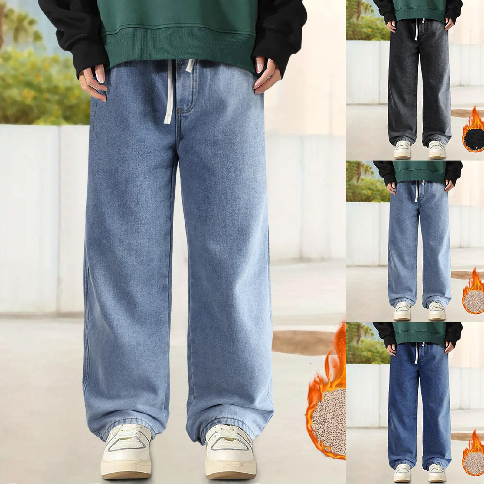 Jeans termici da uomo imbottiti, pantaloni termici imbottiti in pile, pantaloni invernali spessi, vestibilità larga, pantaloni lunghi per il tempo libero da uomo, pantaloni da lavoro caldi