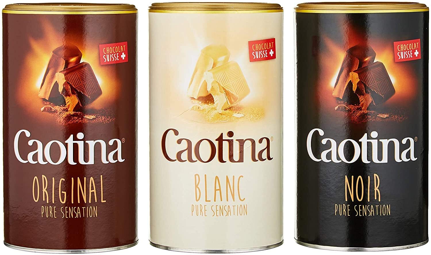 Caotina set de 3, original, noir, blanc, Poudre de Cacao avec du Chocolat, Du Chocolat Chaud, 3 x 500g