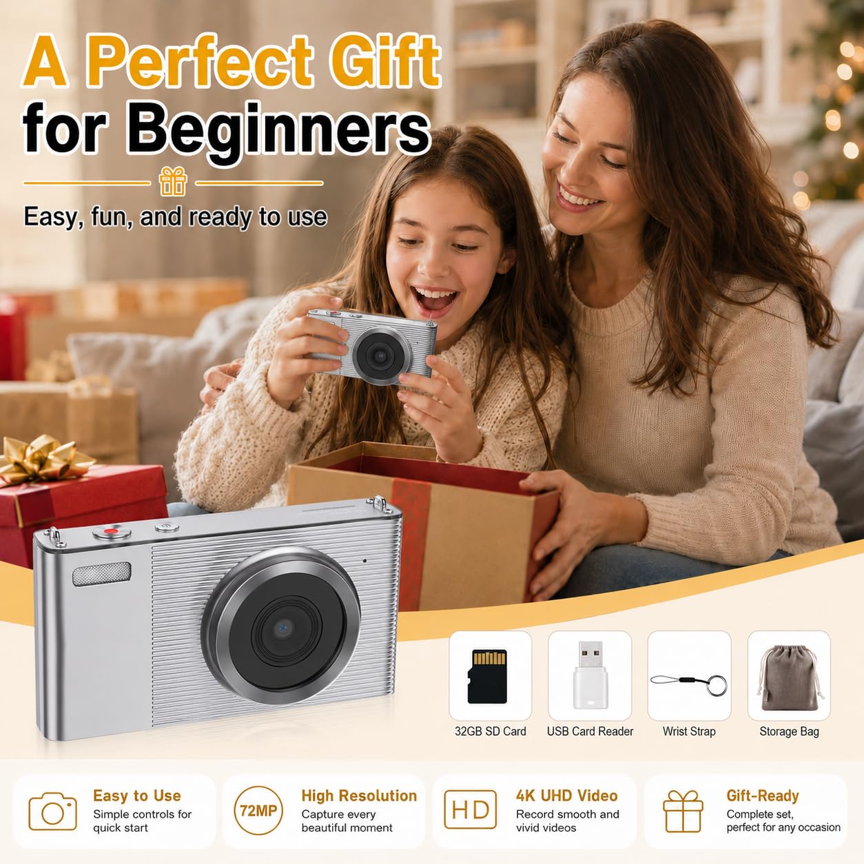 Fotocamera digitale per fotografia, fotocamera 4K 72MP Vlogging, autofocus Point and Shoot fotocamera digitale per adolescenti adulti principianti zoom 16x, scheda 32 GB, argento