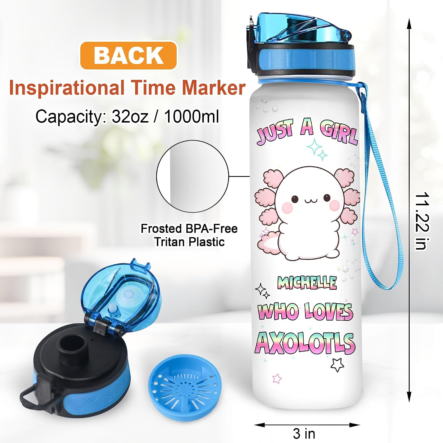 Hyturtle Personalized Axolotl Water Bottle - 32oz Motivational Water Bottle with Leak-Proof Lid & Time Marker - Custom Name Gift for Women Axolotl Lovers Girls Boys - Birthday & Christmas Gift