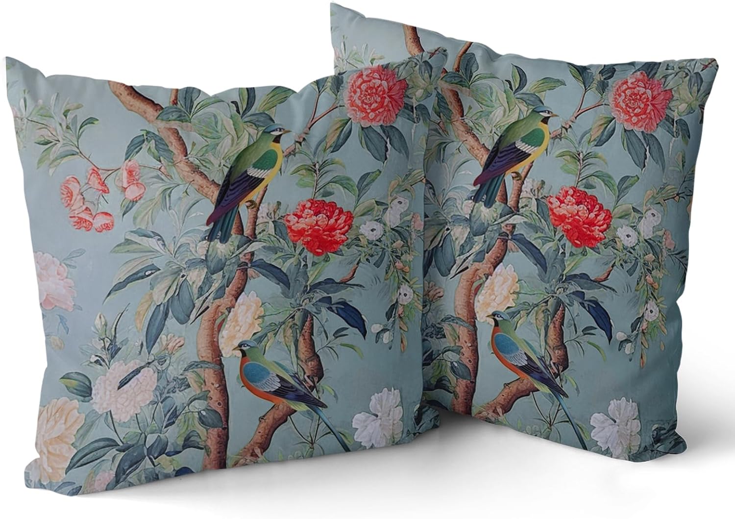 Chinoiserie Pillow Cover 20x20 Inch Blue Gray Vintage Bird Floral Throw Pillow Covers Farmhouse Flower Decorative Outdoor Pillowcase Cotton Square Cushion Cover for Couch Sofa Bed Decor (Pack of 2) 20" x 20" (Pack of 2) Blue Gray