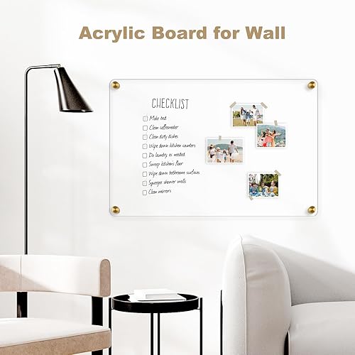 Miniatura 7 de AMUSIGHT Pizarra de borrado en seco de acrílico transparente, 24 x 16 pulgadas, pizarra blanca acrílica dorada no magnética para pared, tablero