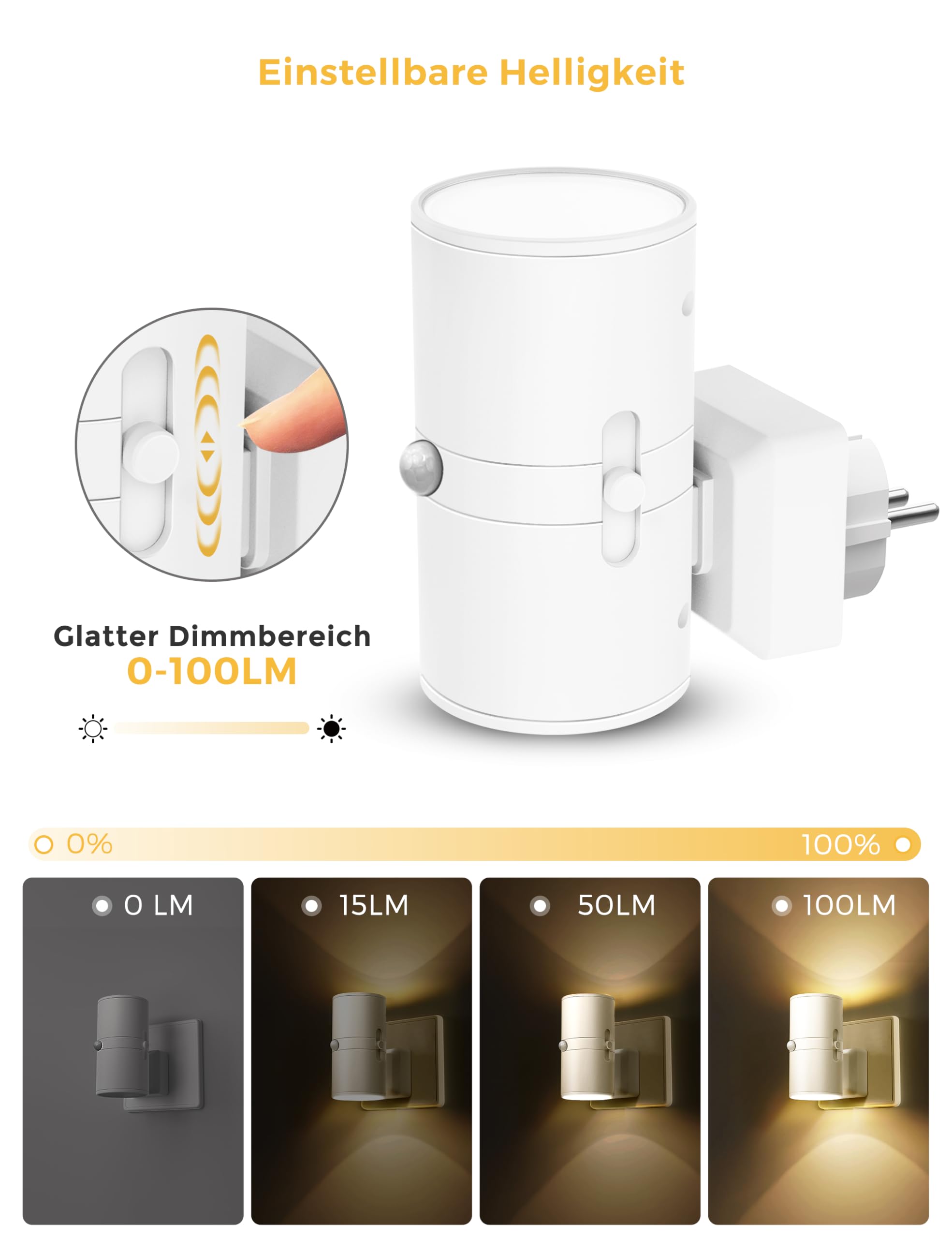 LOHAS-LED luce notturna sensore movimento, 1 pezzo, luce notturna da presa con 3 modalità (ON/AUTO/OFF), bianco caldo 3000K, luminosità regolabile 0-100LM per corridoio, cucina, bagno, camera da letto