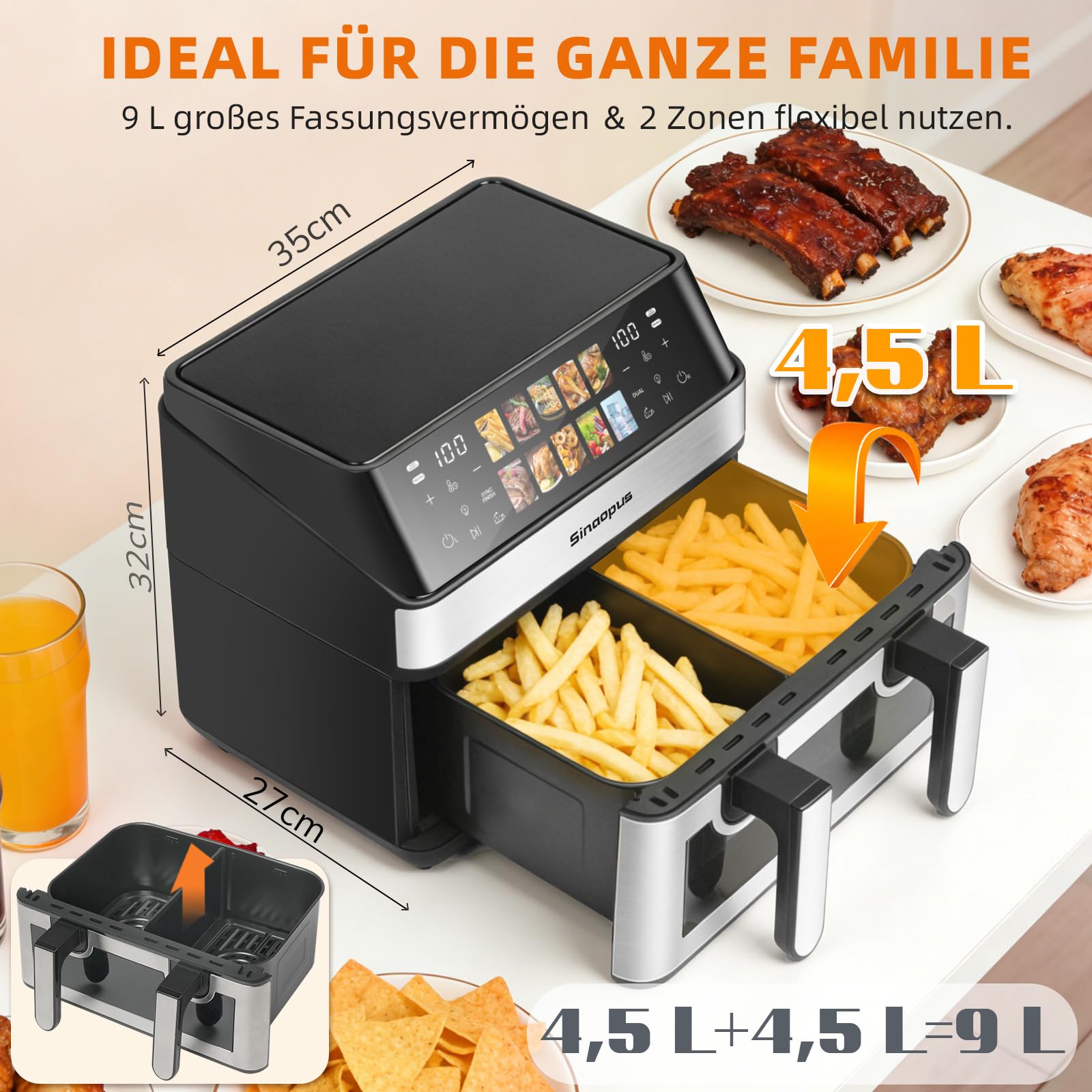 Air Fryer 9L 2000 W, Heißluftfritteuse 2 Kammern mit kühlem Griff | Digitaler Touchscreen, Sichtfenster, Sync Finish, Dual Cook, abnehmbare Trennwand, XXL, 903A