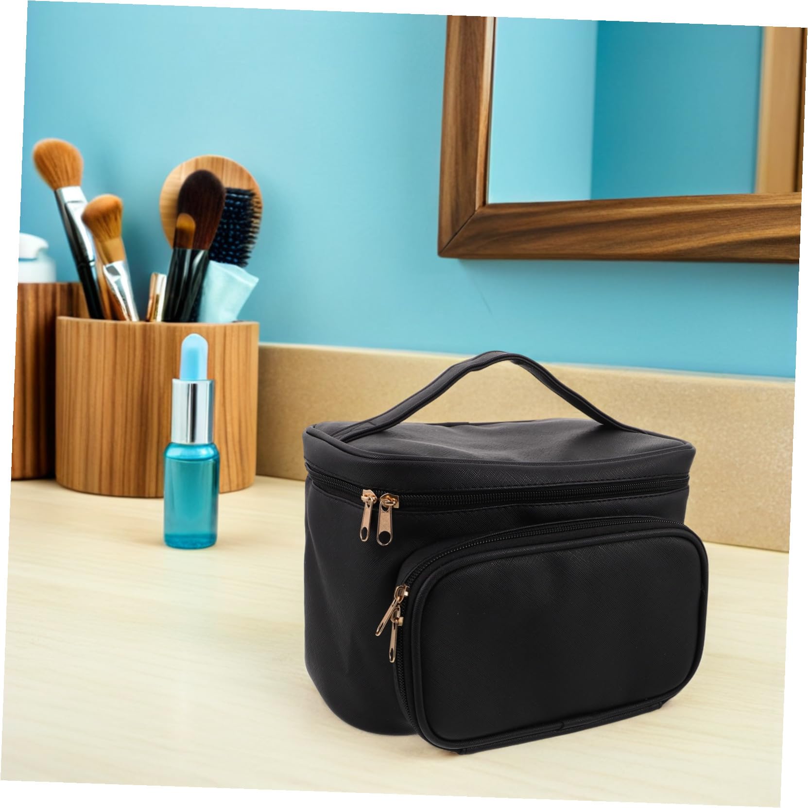 Cabilock Borsa per Trucco da Viaggio Organizer Custodia per Cosmetici in Pu Divisori e Cerniera di Sicurezza Leggera e Portatile per Donne