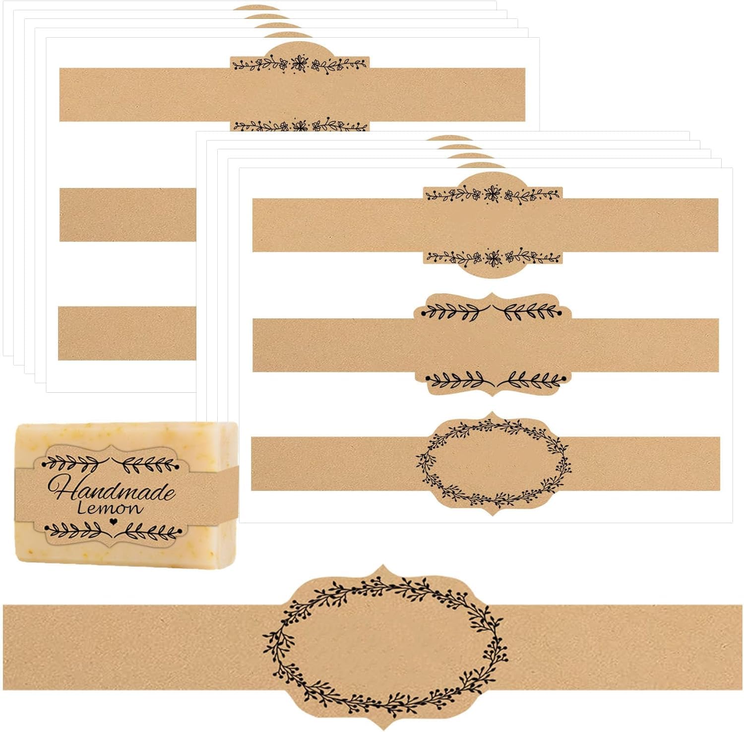 Etichette per sapone in carta kraft marrone, 120 pezzi, vuote, fatte a mano, etichette di carta per sapone per confezioni fatte in casa (decorate)