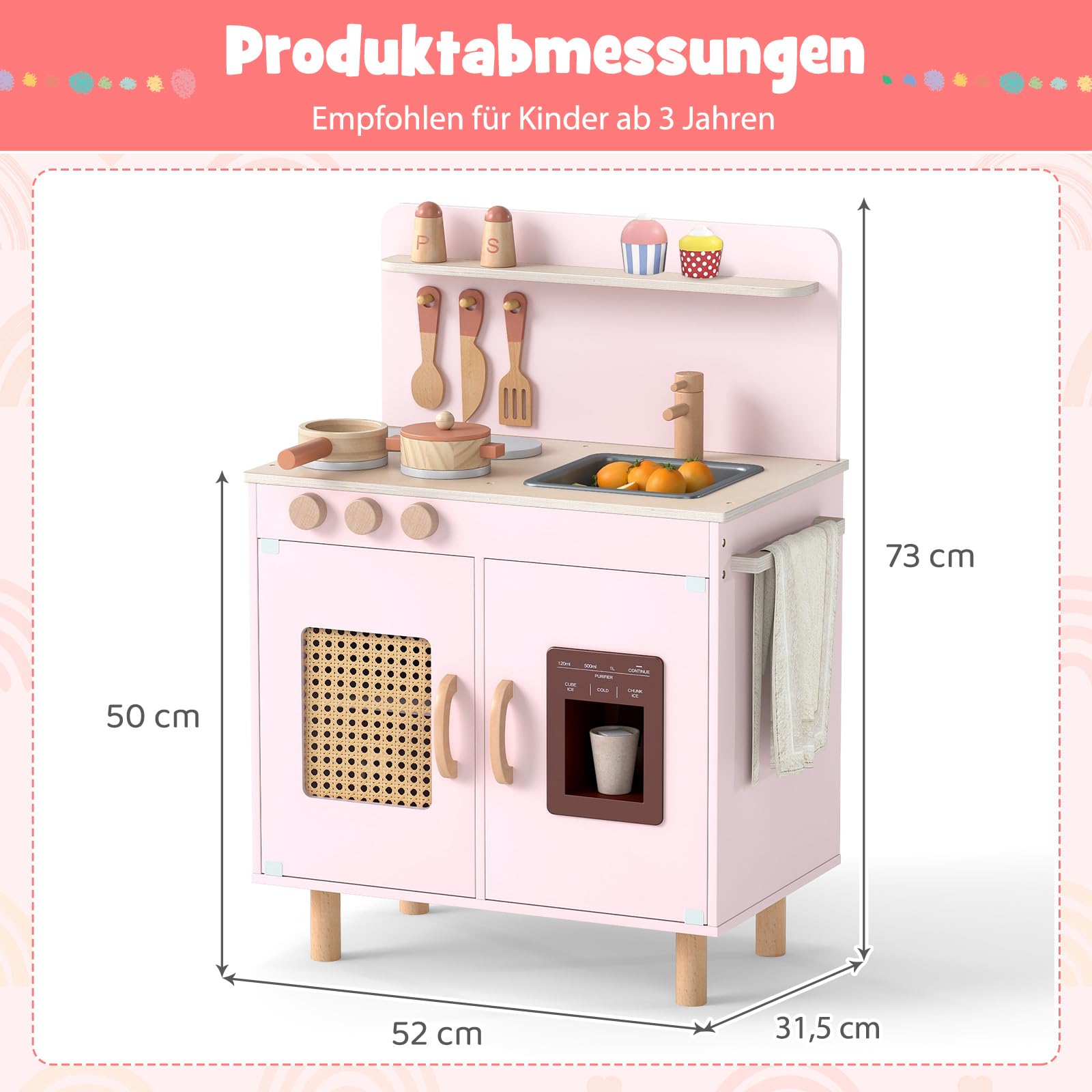 COSTWAY Kinderküche, Kinder Spielküche inkl. Zubehör mit Herd, Wasserspüle & Eismaschine, Spielzeugküche mit Stauraum, Holzküche für Jungen & Mädchen ab 2 Jahren (Rosa)