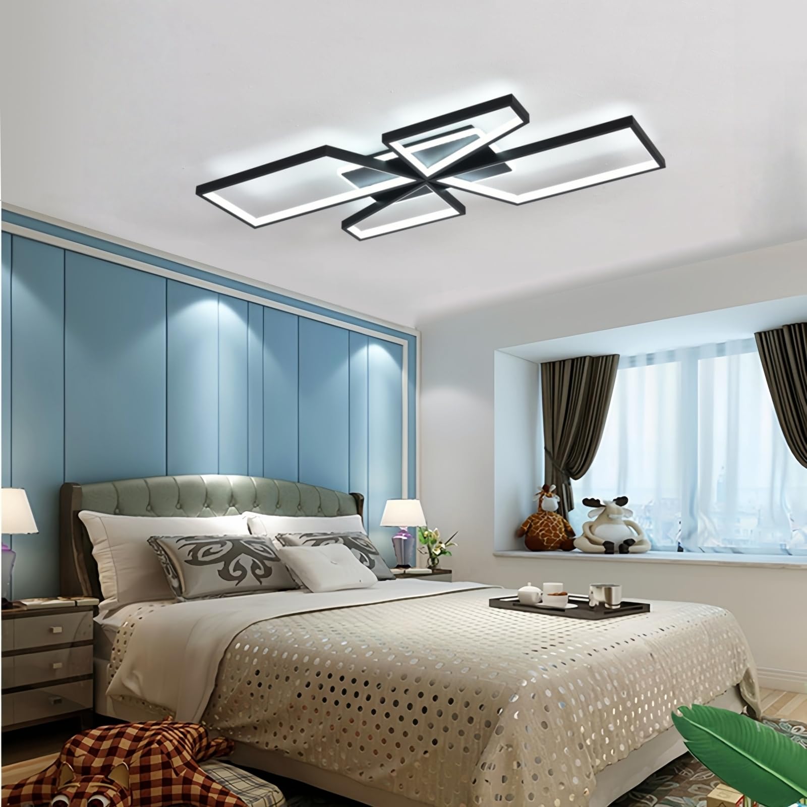 XDFSMG LED Ceiling Light for Living Room, 73W Dimmable Bedroom Ceiling Lights with Remote Control, 5 Light LED Ceiling Lighting for Kitchen, 90cm 3000K-6500K Modern Ceiling Light Dining Room, Black