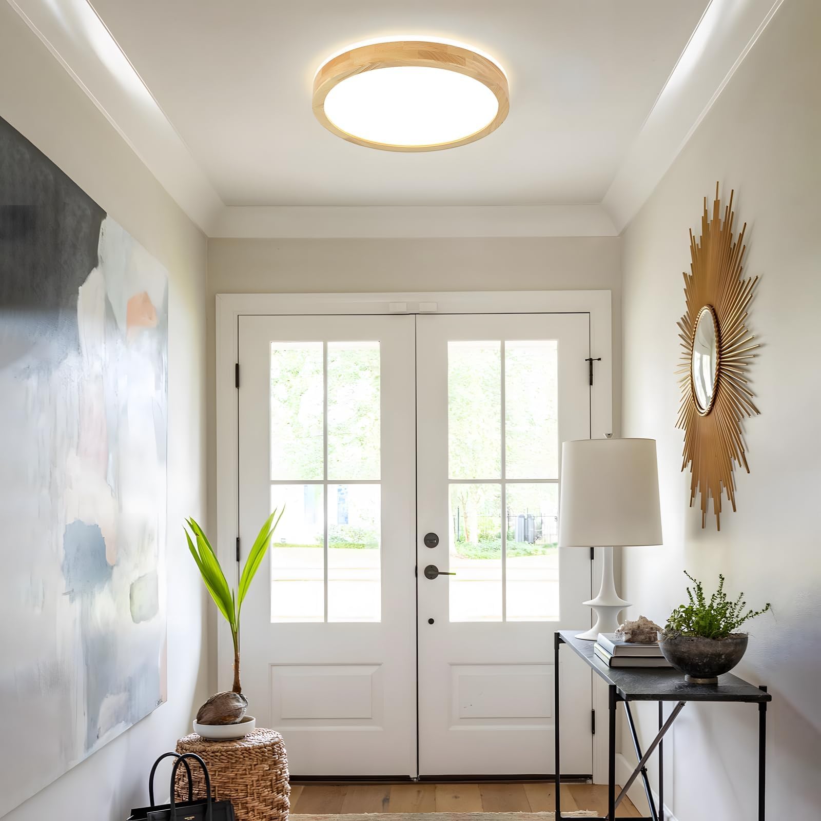 Lampa sufitowa LED jasnego drewna, górna 360° świecąca okrągła lampa naturalnego drewna 3000K Ciepła Biel 18W 1600lm Pokój dzienny, kuchnia jadalnia przedpokój dom biuro pokój dziecięcy(Ø30cm)