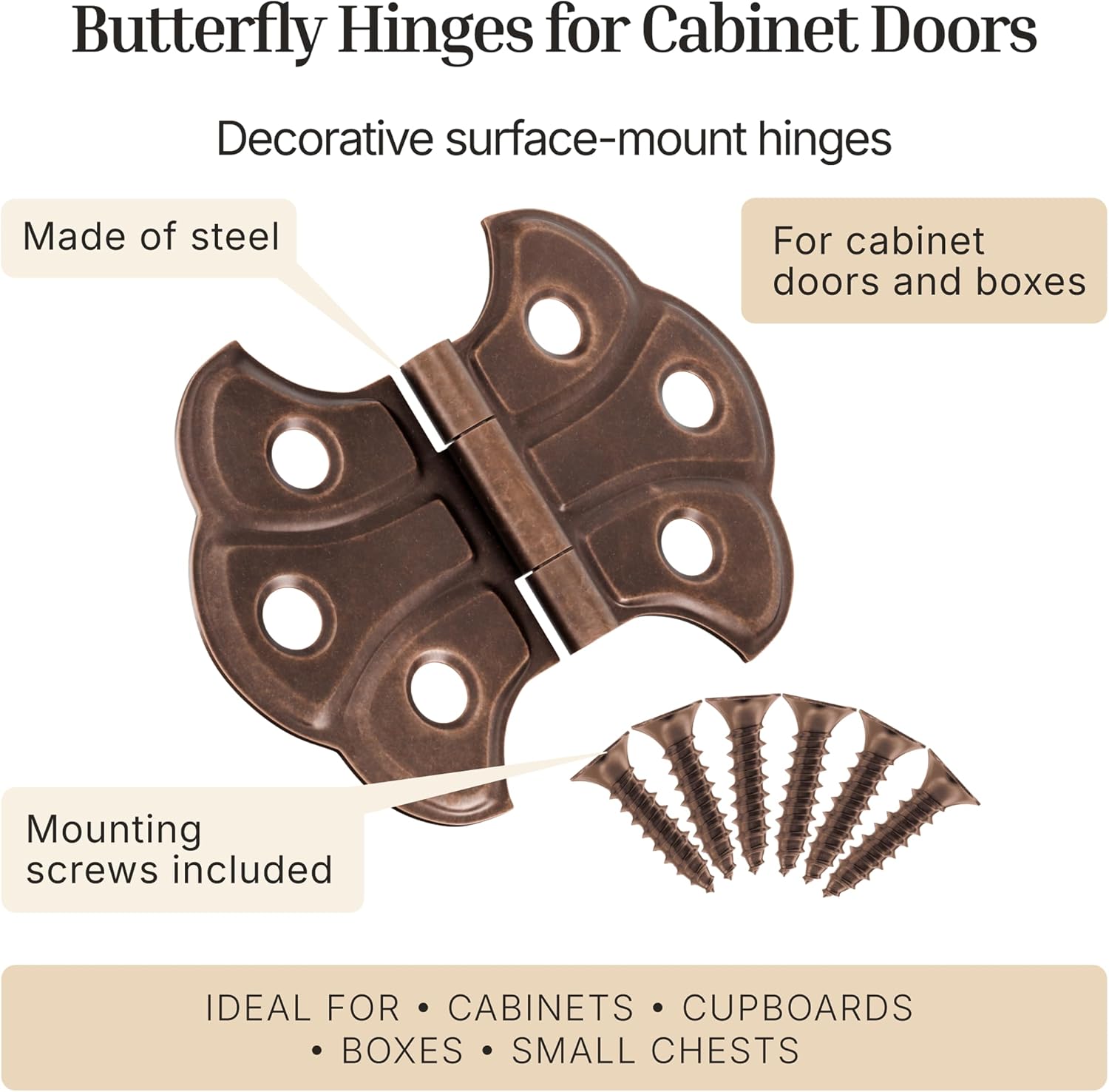 Antique Copper Butterfly Hinges - 2" x 1-7/16" - Pack of 2 - Surface Mount Hinges for Cabinet Doors and Boxes - UA-262-HAC (1)