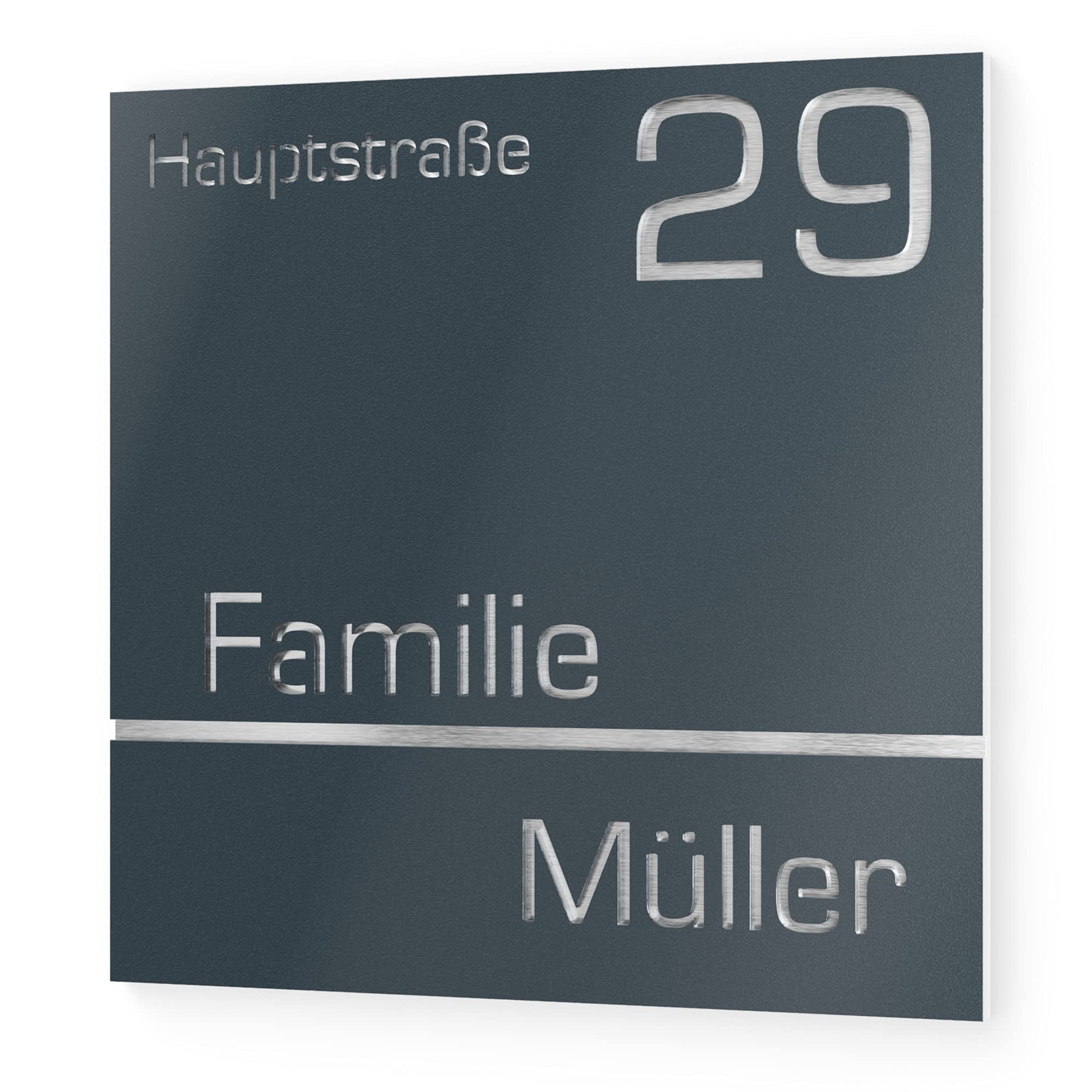Hausnummer aus V2A Edelstahl 380x380mm - Anthrazit RAL 7016 - Wetterfest Rostfrei Individuell anpassbar Straße Nummer Familienname - Made in Germany