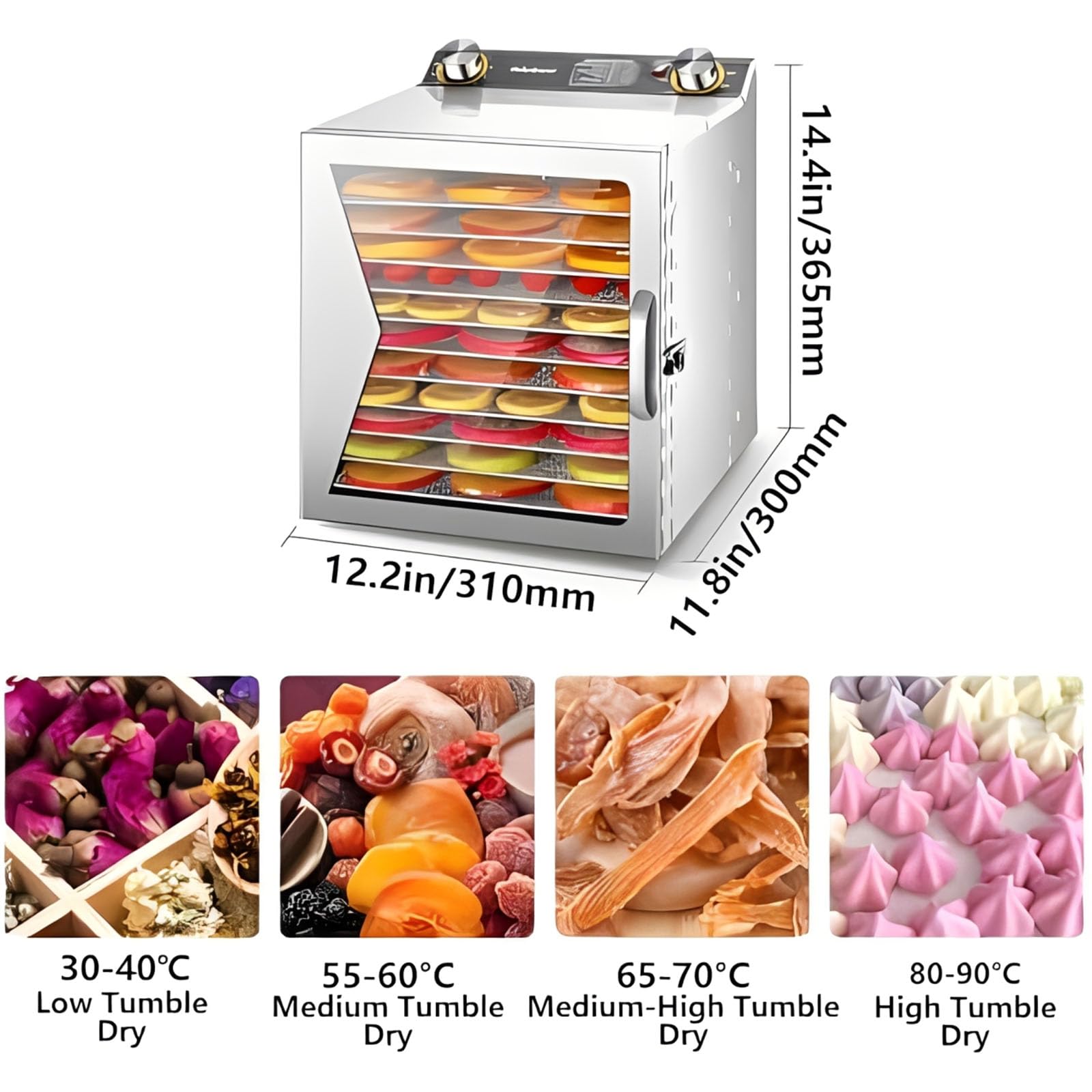 Liofilizador comercial y deshidratador eléctrico, 6 bandejas de acero inoxidable, flujo de aire de 360°, temperatura ajustable de 30 a 90 °C, para uso doméstico y profesional. (12layer)