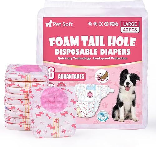 Pet Soft Pañales desechables para perras, pañales para perras con agujero de cola de espuma ajustable, ultra protección, pañales para cachorros y