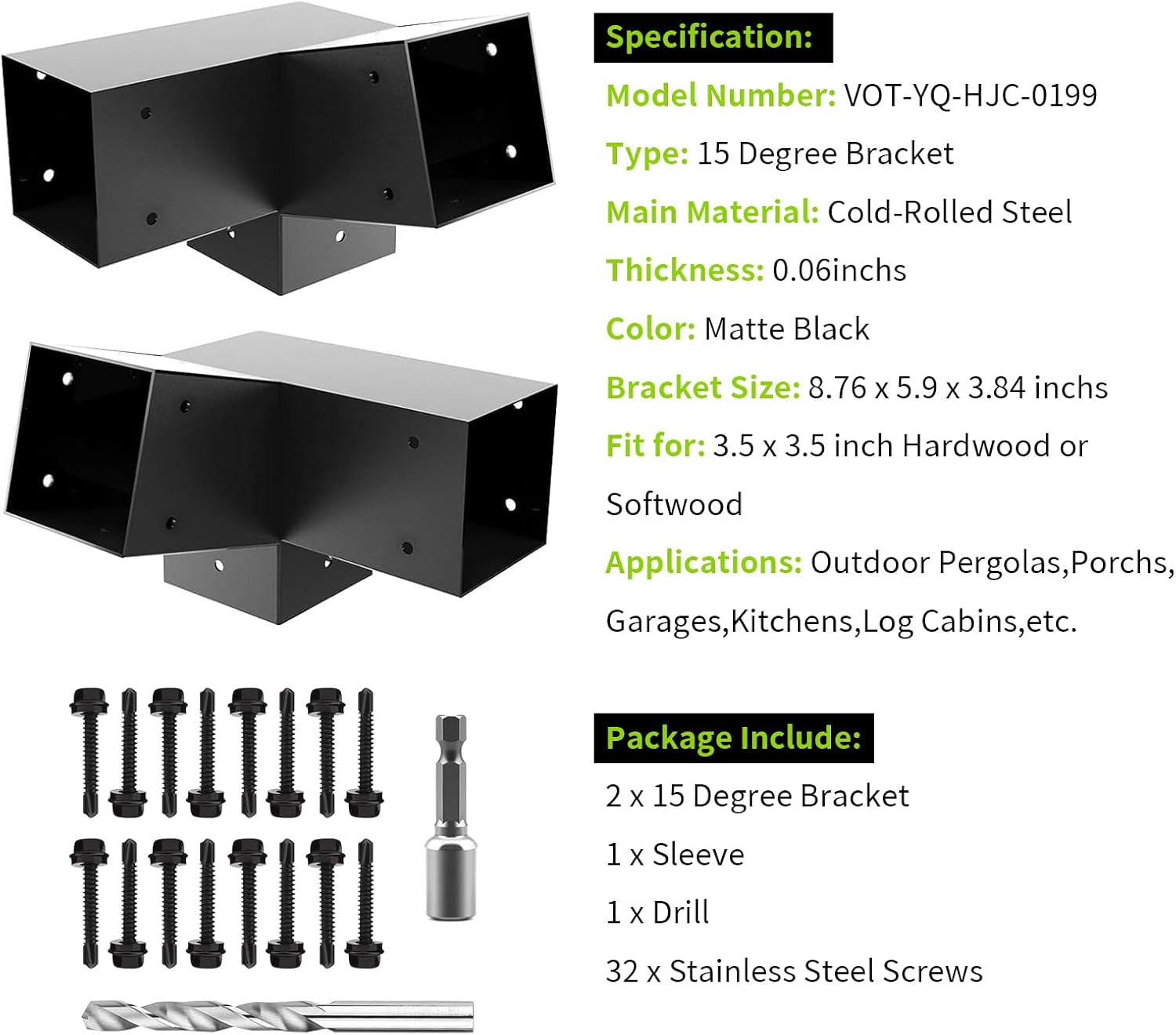 15 Degree Pergola Bracket Kits 4x4,3-Way Angled Bracket for (Actual: 3.5" x3.5'') Wood Post to Beam,DIY Slant Roof Bracket for Pavilions,Pochs,Log Cabins(2Pcs)