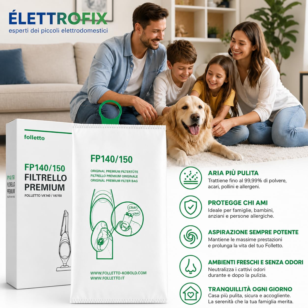 6 Sacchetti Folletto VK 140/150 ORIGINALI - Filtrello Premium FP 140/150 + DOVINA INCLUSO - per Folletto VK140/150, Triplo Strato Antipolvere, Anti Allergeni e Anti Odore