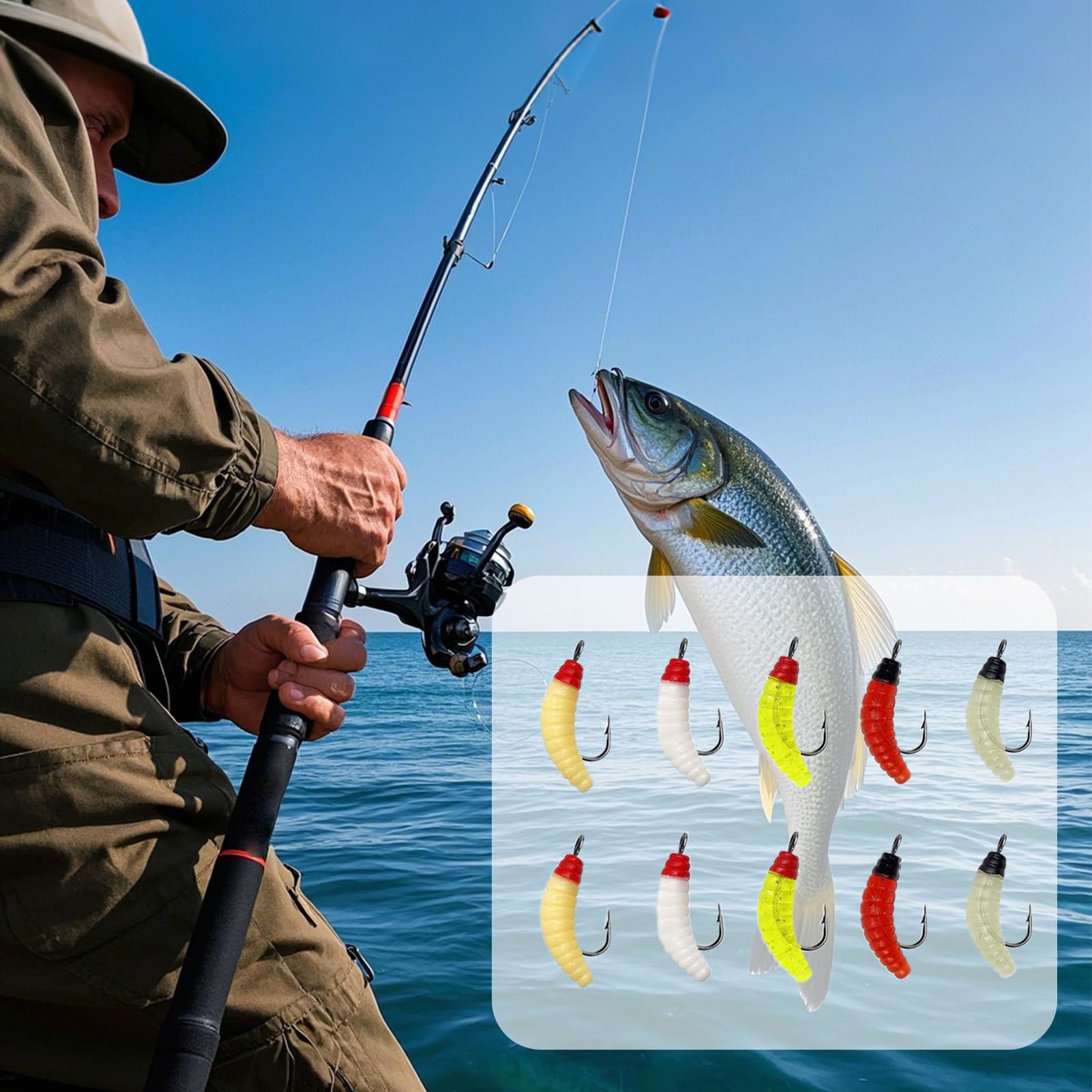 Appât Souple Asticot | Hameçons Leurres pour Bar | 10 Leurres Artificiels pour Étangs et Lacs Outils de Pêche Portables