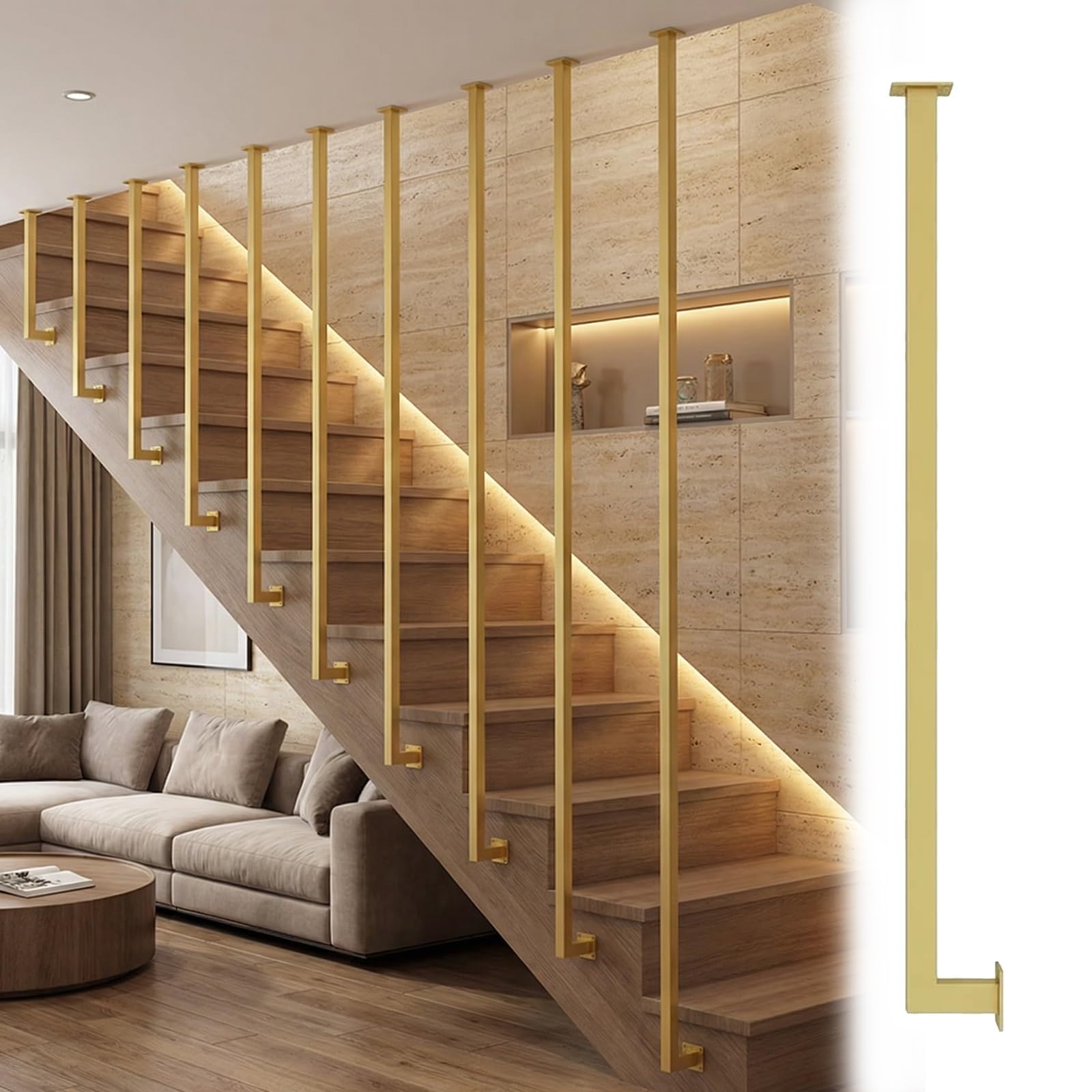 MLYAYE Stair Railing Bannister for Indoor Steps, Side Mount Metal Hollow Spindles Deck Balusters Decor with Install Hardware for Home/Office(Gold,95cm/37.4in/3.1ft)
