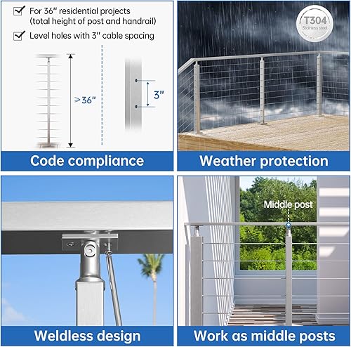 Miniatura 4 de Muzata Poste de barandilla de cable superior ajustable perforada de 36 x 1 x 2 pulgadas, montaje superior, acero inoxidable cepillado rectangular,
