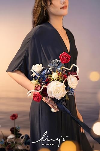 Miniatura 4 de Ling's Moment Ramos de dama de honor de flores artificiales color borgoña y azul marino de 7 pulgadas para boda, juego de 4 para ceremonia de boda y