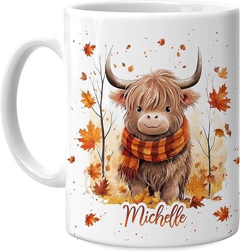 Hyturtle Taza de café personalizada con hojas de arce de vaca de las tierras altas de otoño, regalos de cumpleaños para los amantes de las vacas,