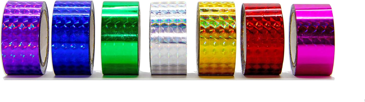 Decorating Adhesive Prism Laser Tape - 1 in. (1.0") X 50 Ft. 7 Color Set for Sport Hoop Hula Hoop, Baton Tape, Reflective Prismatic Adhesive Tape Roll. Safety Glare Tape (1" x 50ft)